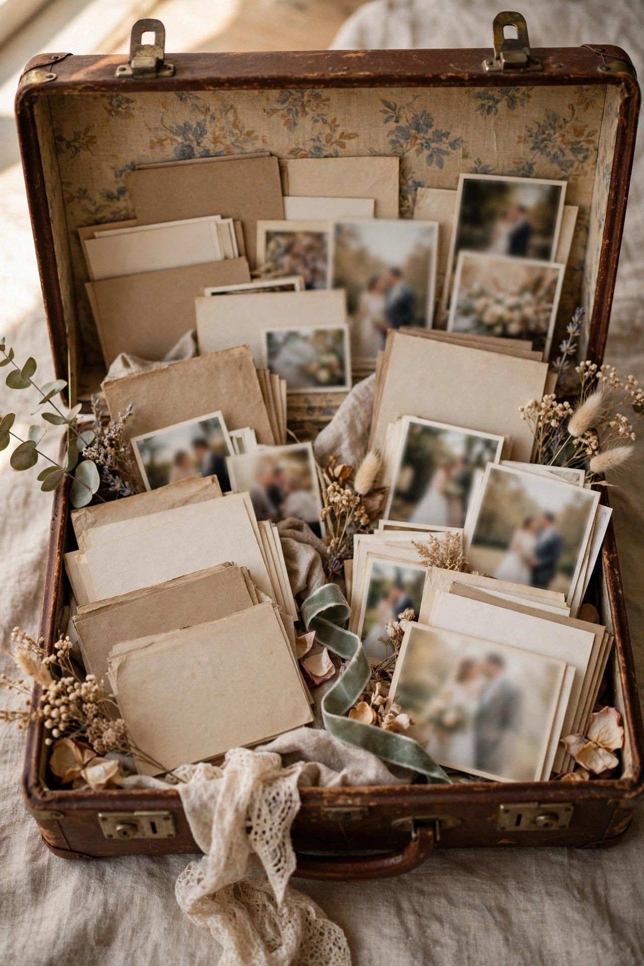 Vintage suitcase keepsake case filled with wedding photos and postcards