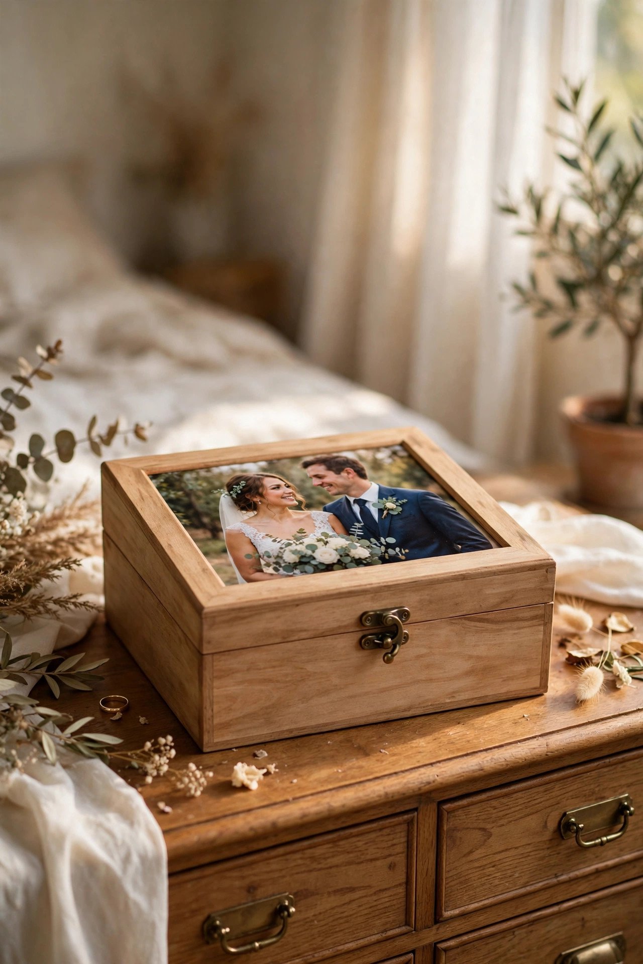 Keepsake box with a wedding photo on the lid sitting on a dresser