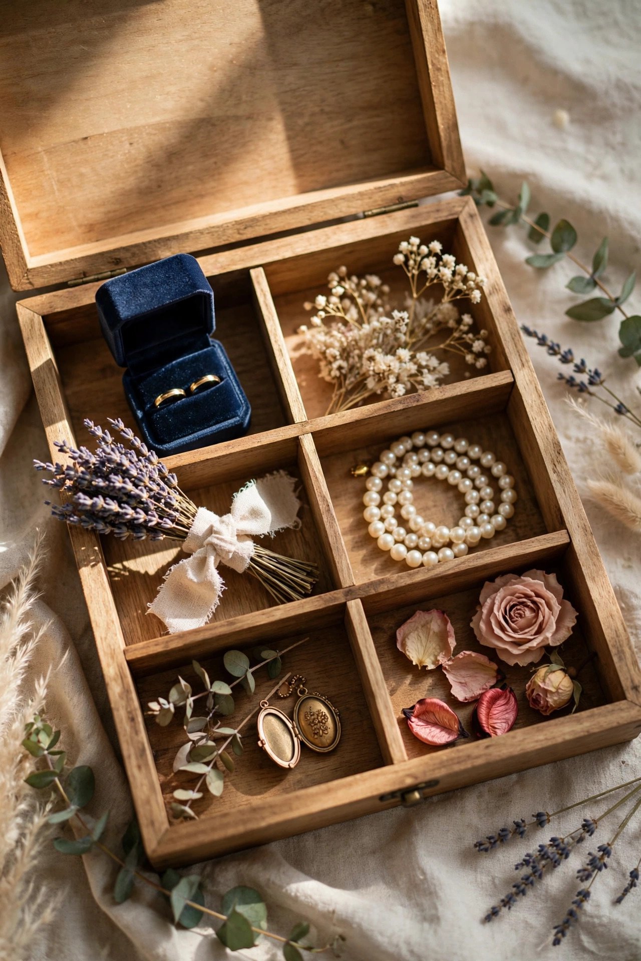 Divided tray keepsake box with compartments holding rings box and small mementos