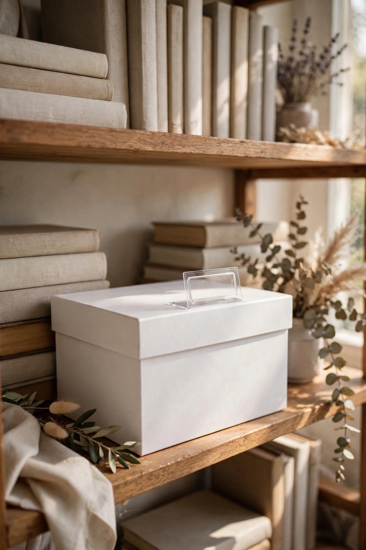 Minimal white archival keepsake box with label holder on a bookshelf