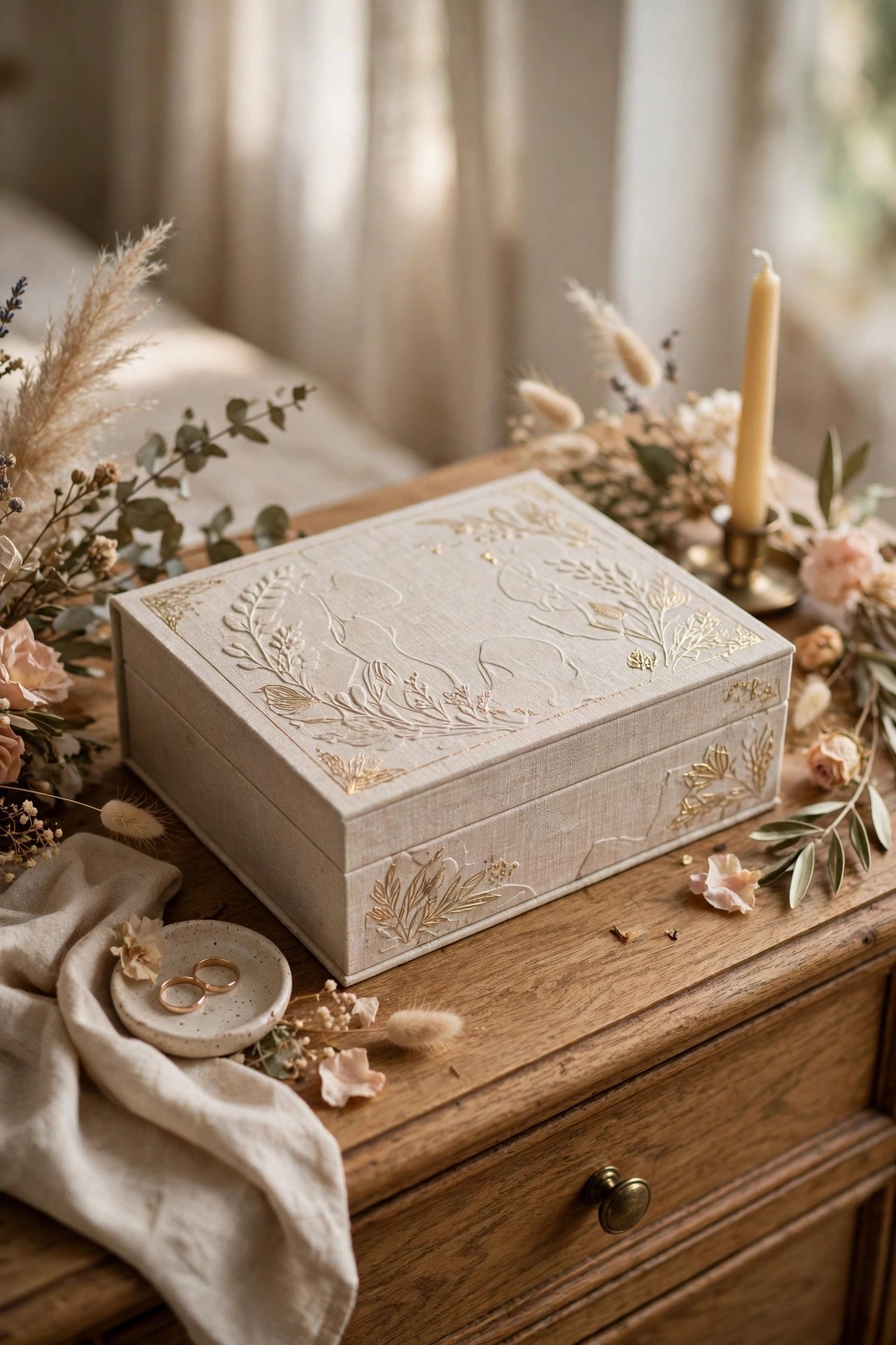 Personalized keepsake box with couple names and wedding date on the lid