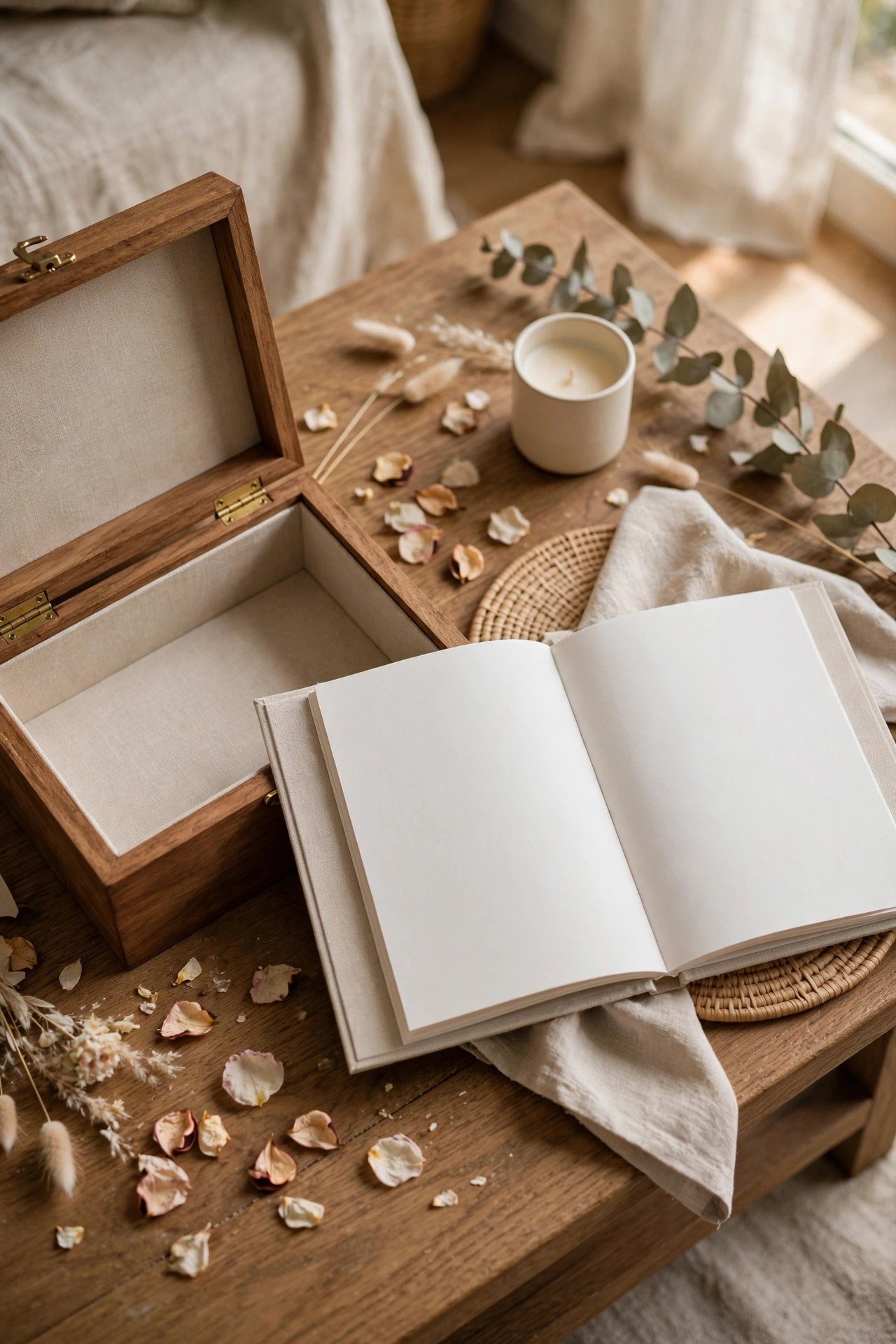 Keepsake box and guided memory book set for newlyweds on a coffee table