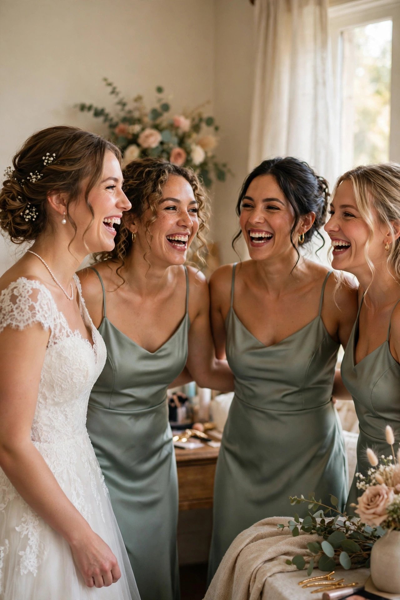 Bridesmaids in matching dresses laughing with the bride while getting ready