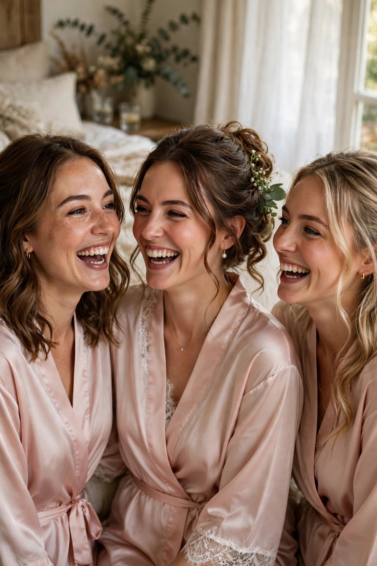 Bride between her two maids of honor, all three laughing in robes