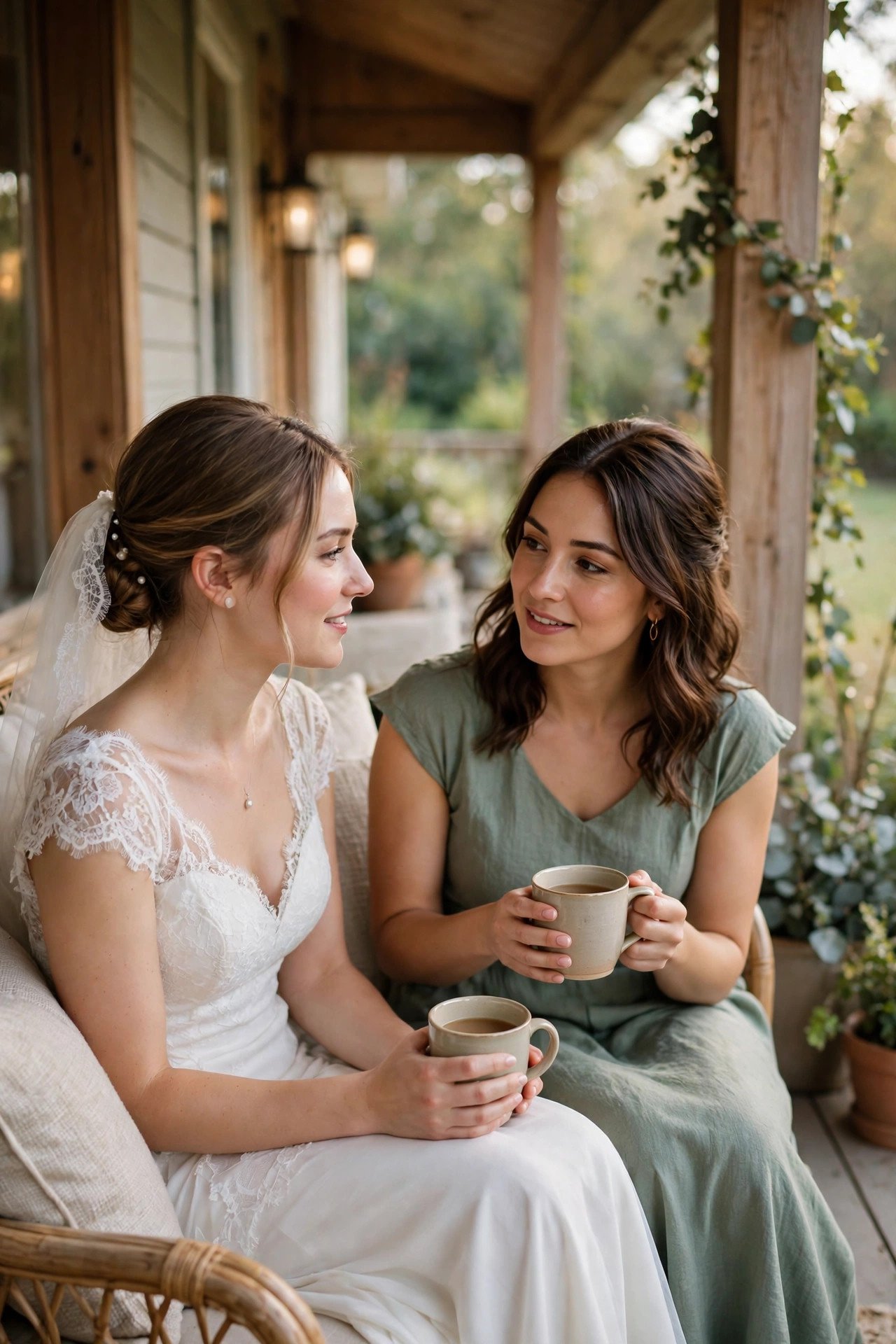 Bride and bridesmaid talking calmly together on a quiet porch