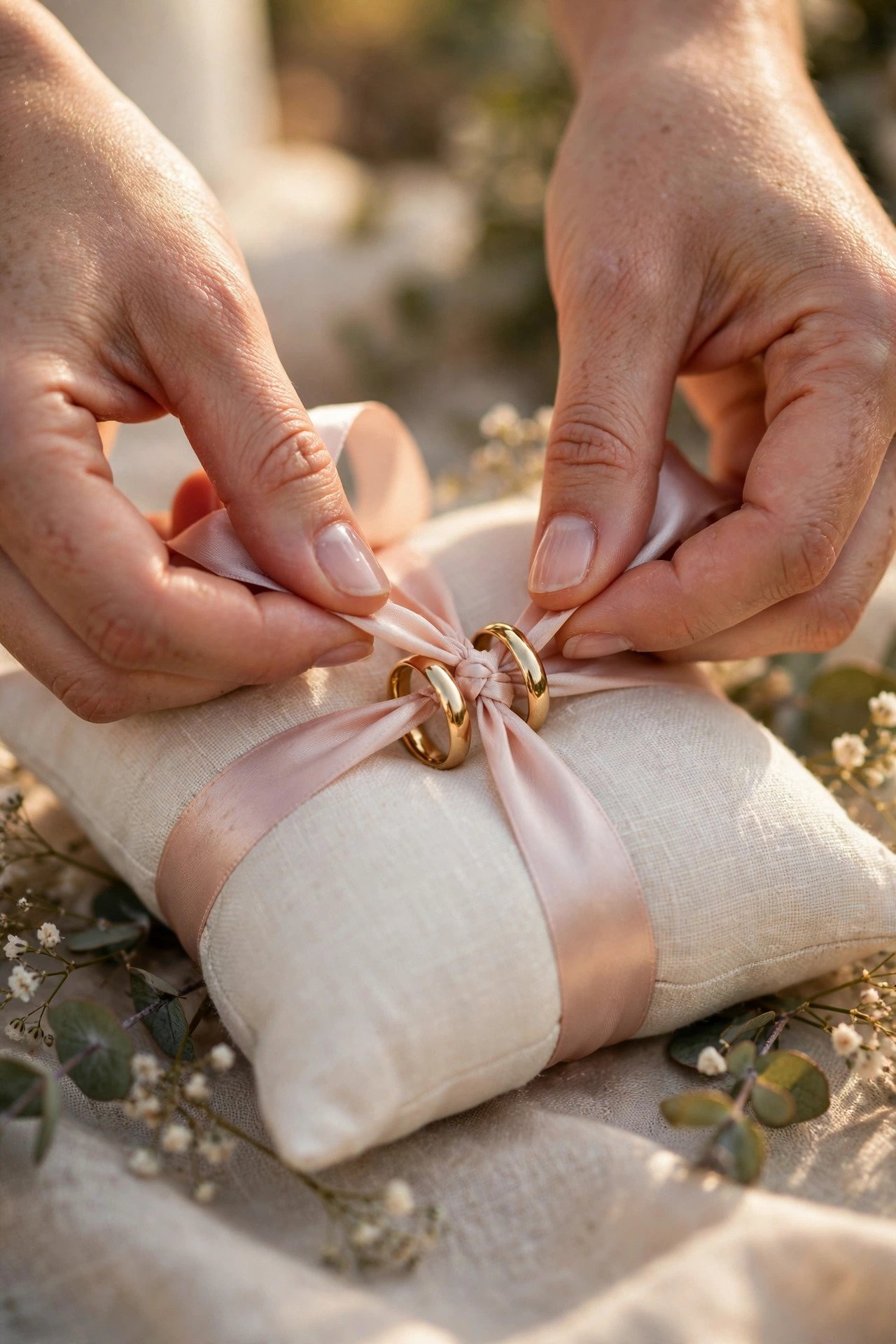Tying Rings Securely to the Pillow — wedding party guide photo