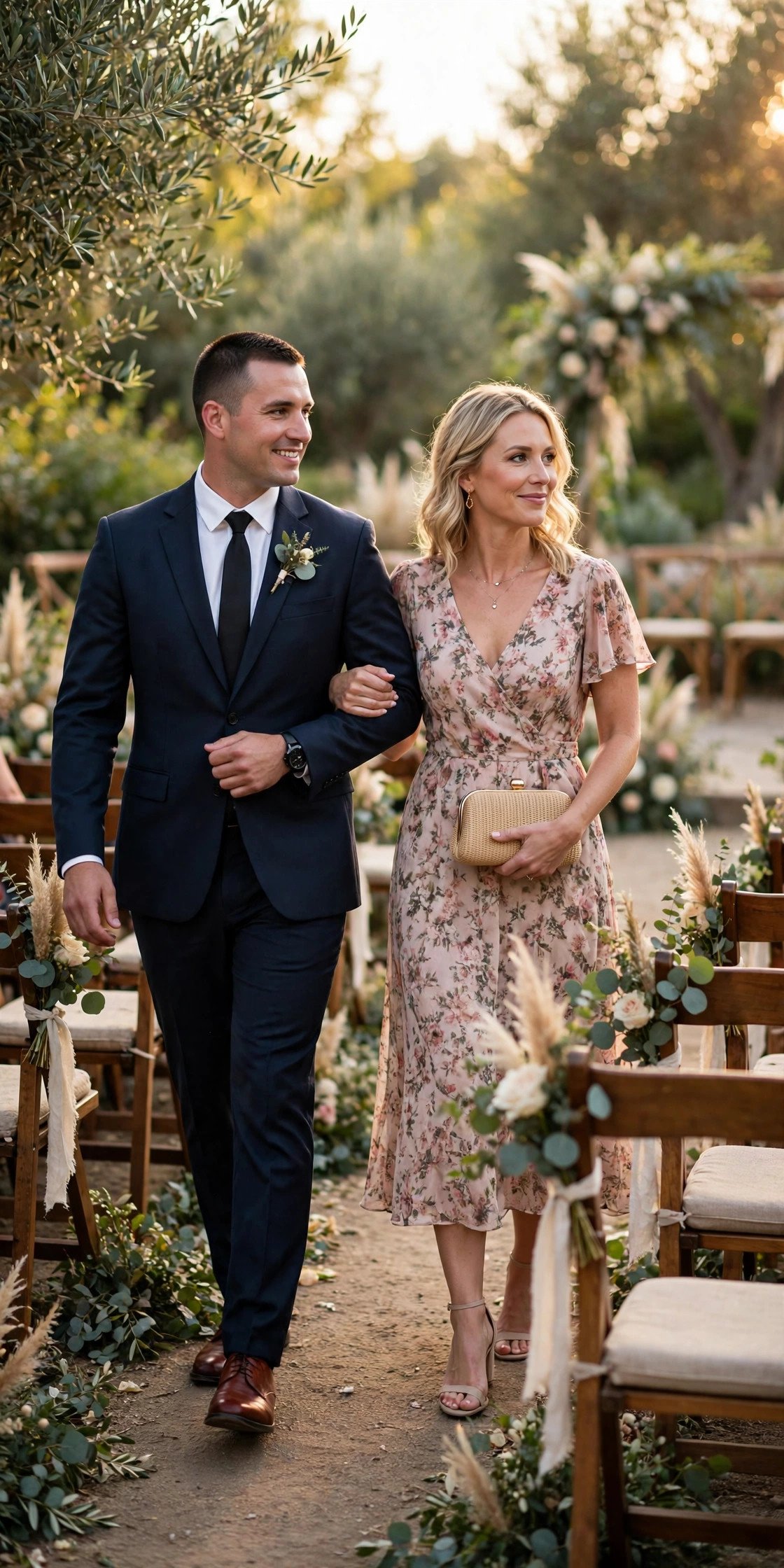 Wedding usher in a suit escorting a guest to her seat at an outdoor ceremony
