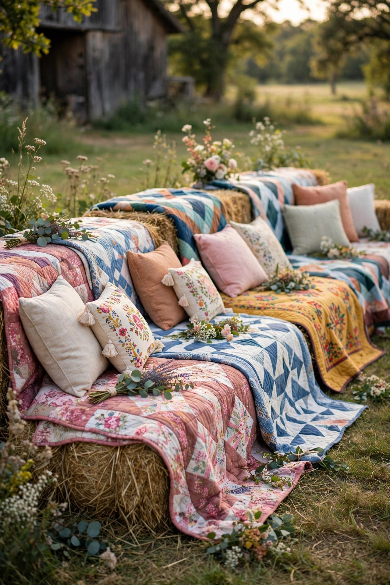 Hay Bale Lounge Seating with Quilts — showing a barn wedding idea for a 2027 celebration