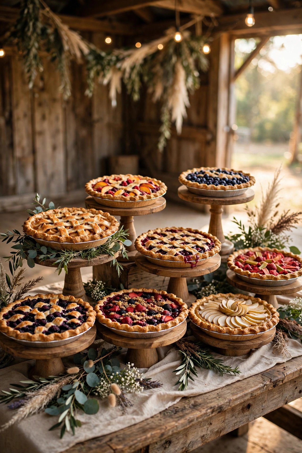 A Pie Bar Instead of a Traditional Cake — showing a barn wedding idea for a 2027 celebration