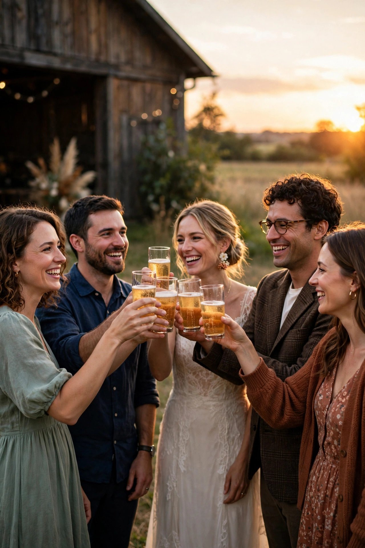 A Sparkling Cider Toast at Sunset — showing a barn wedding idea for a 2027 celebration
