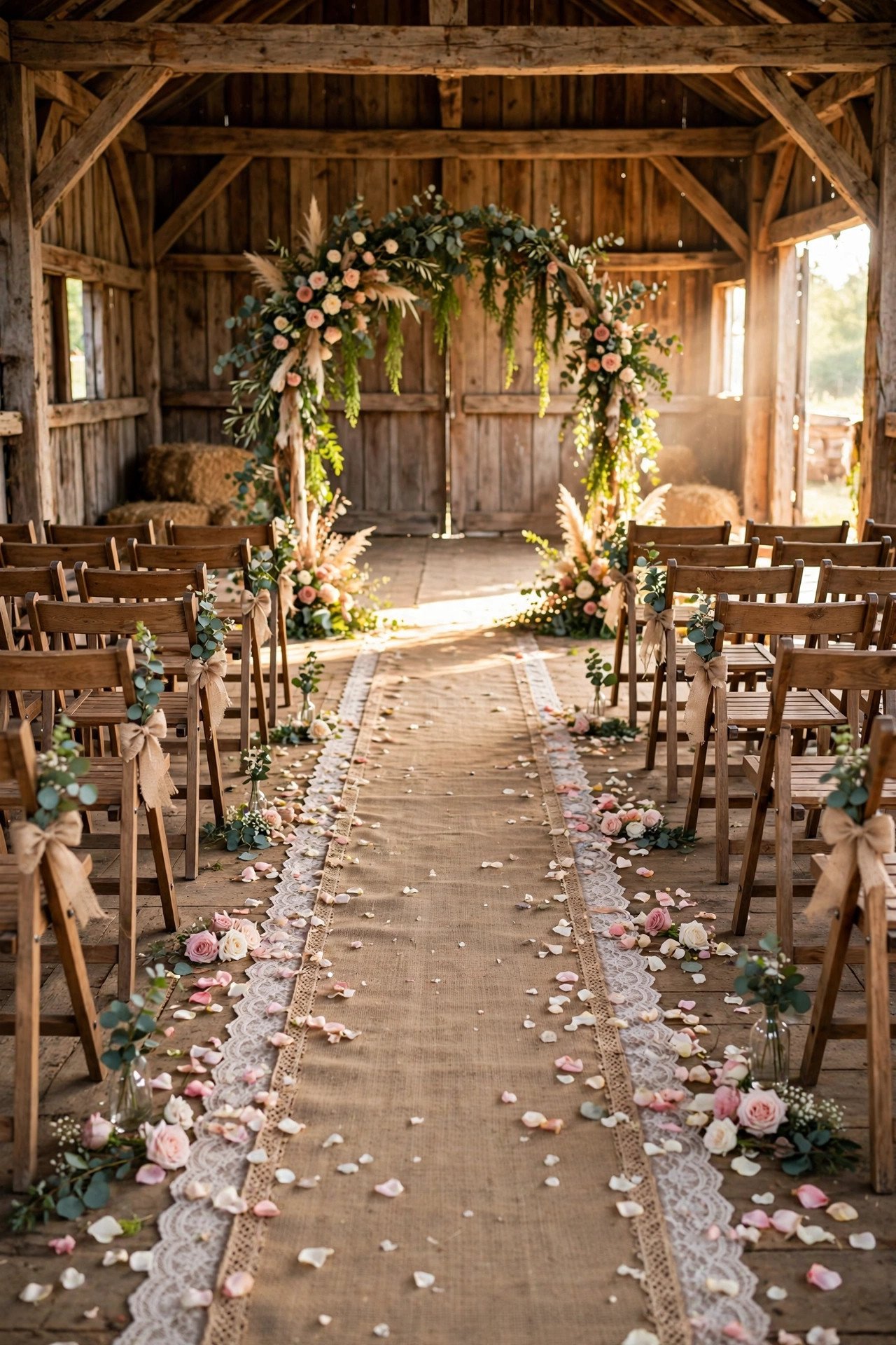 Burlap and Lace Aisle Runners — showing a barn wedding idea for a 2027 celebration