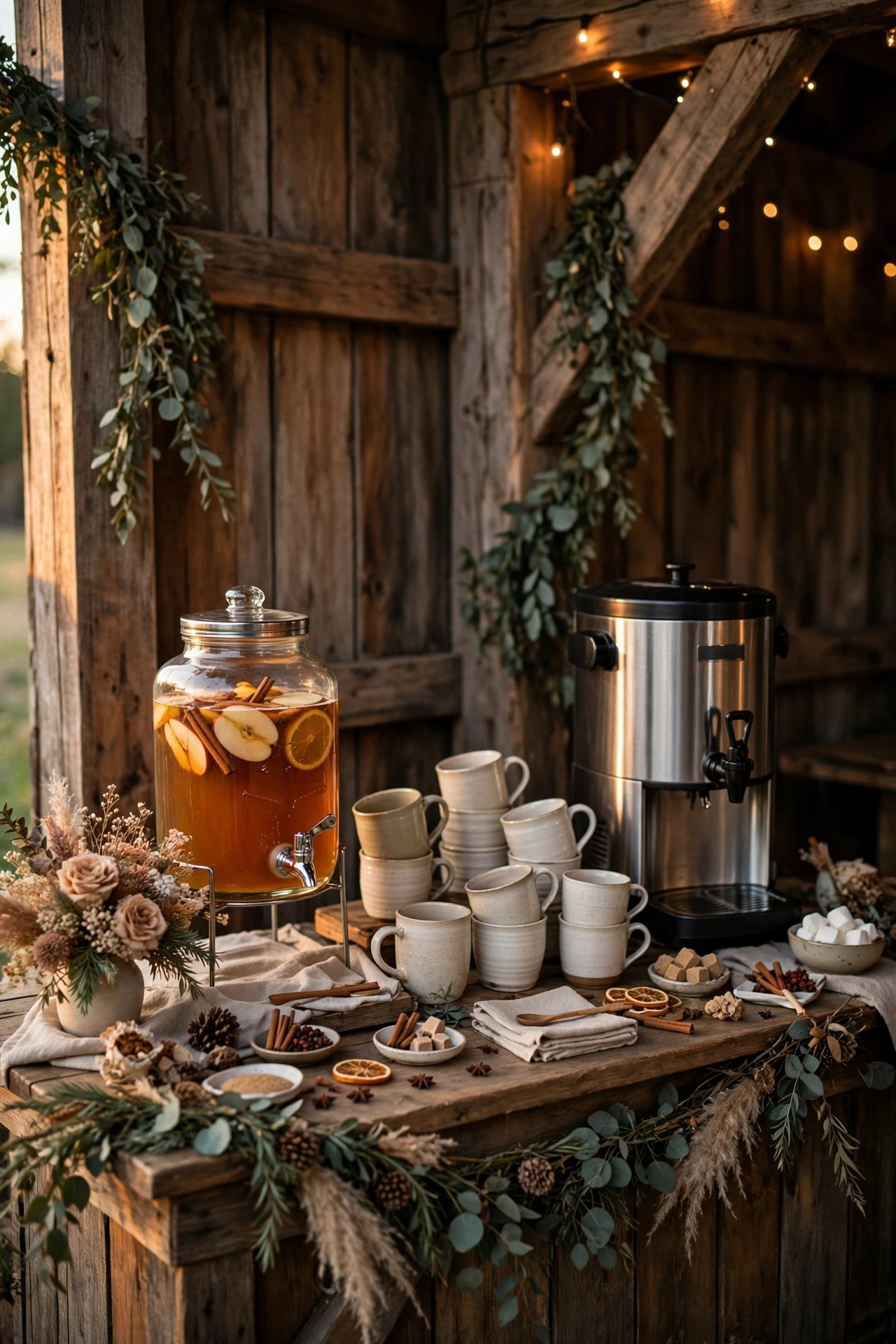 A Coffee and Hot Cider Bar for the Evening — showing a barn wedding idea for a 2027 celebration