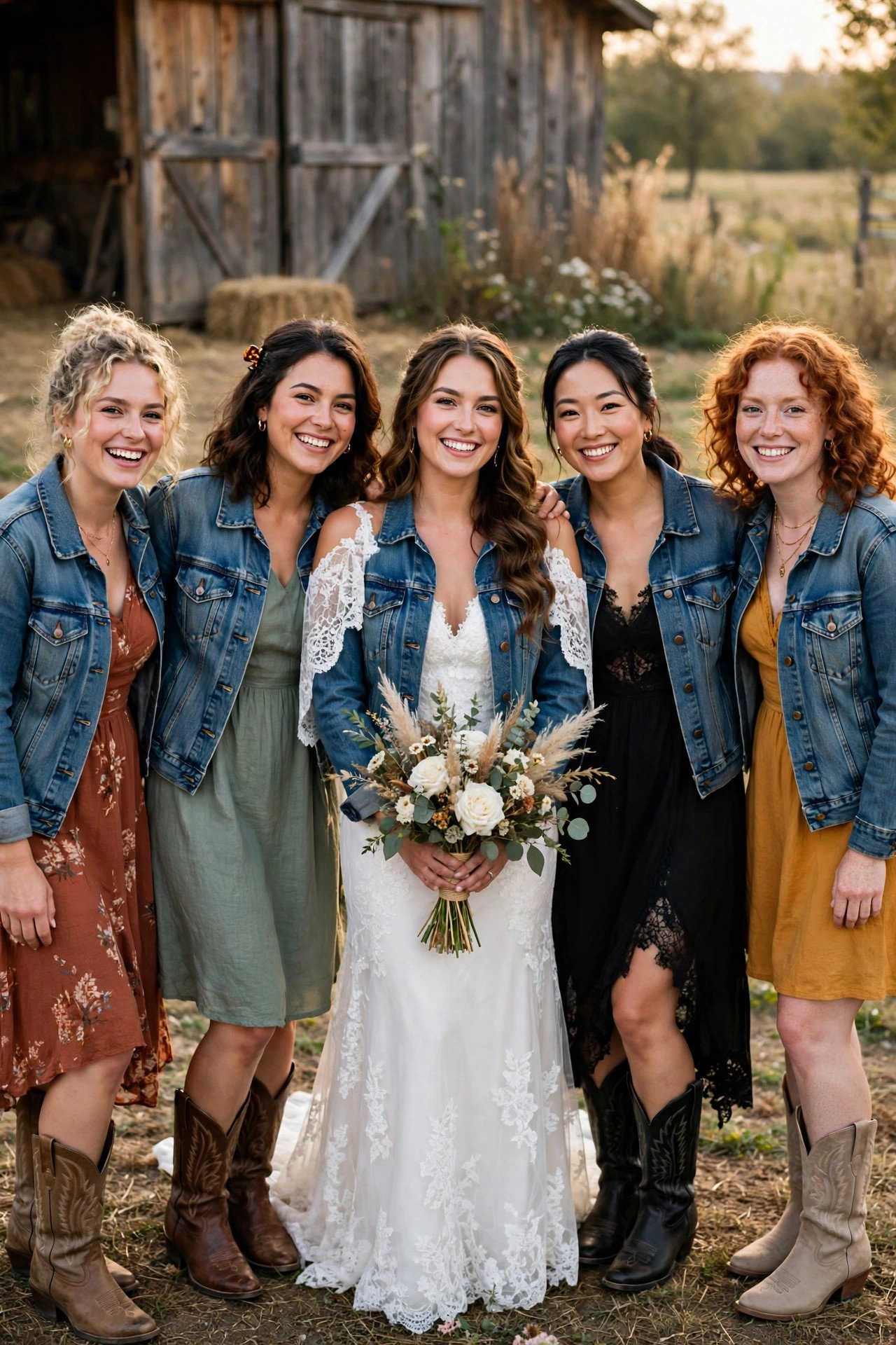 Denim-and-Boots Bridal Party Style — showing a barn wedding idea for a 2027 celebration