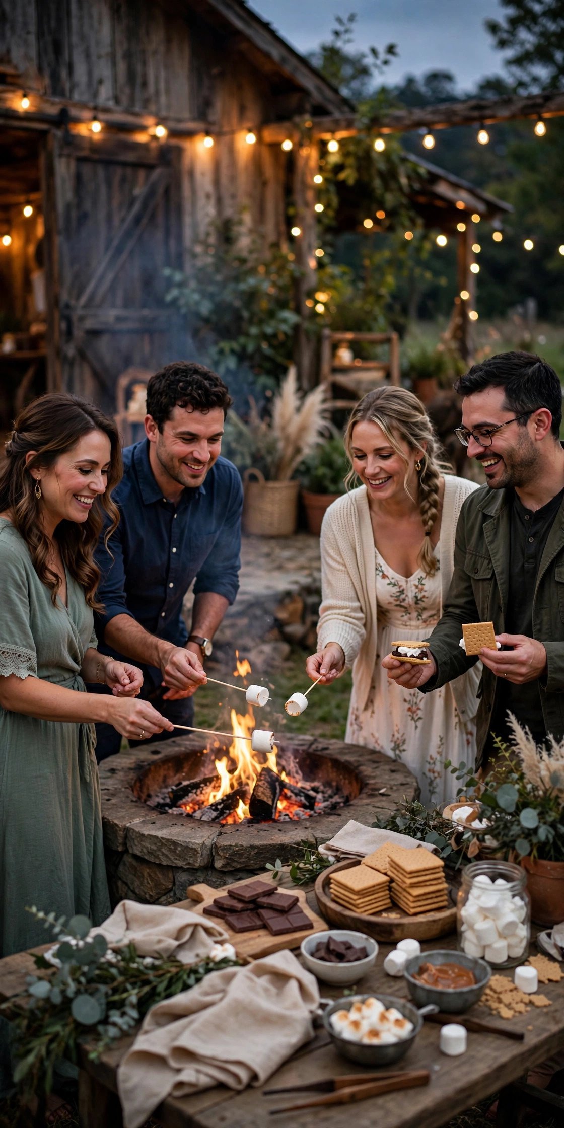 A S'mores Station by the Fire Pit — showing a barn wedding idea for a 2027 celebration
