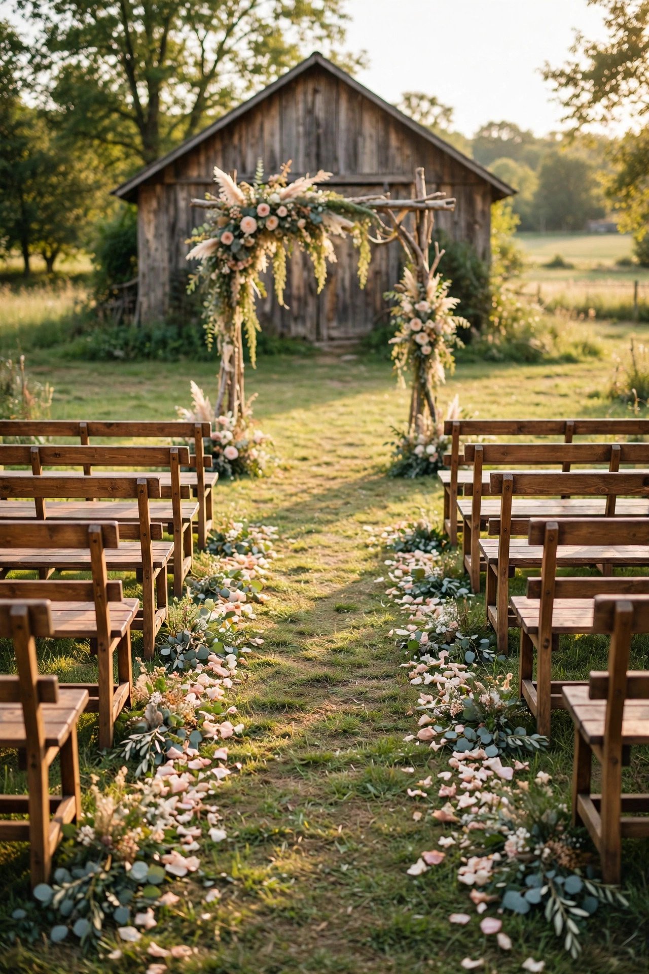 Ceremony Benches Instead of Chairs — showing a barn wedding idea for a 2027 celebration