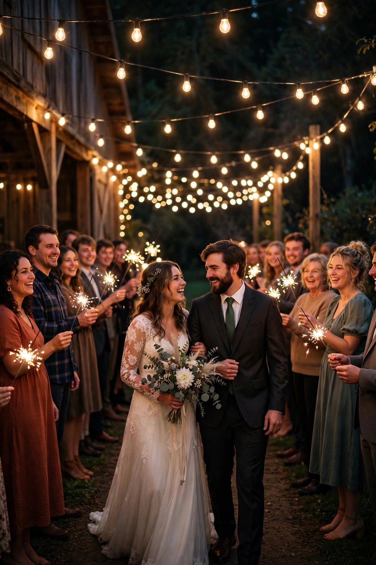 String-Light Send-Off Tunnel — showing a barn wedding idea for a 2027 celebration