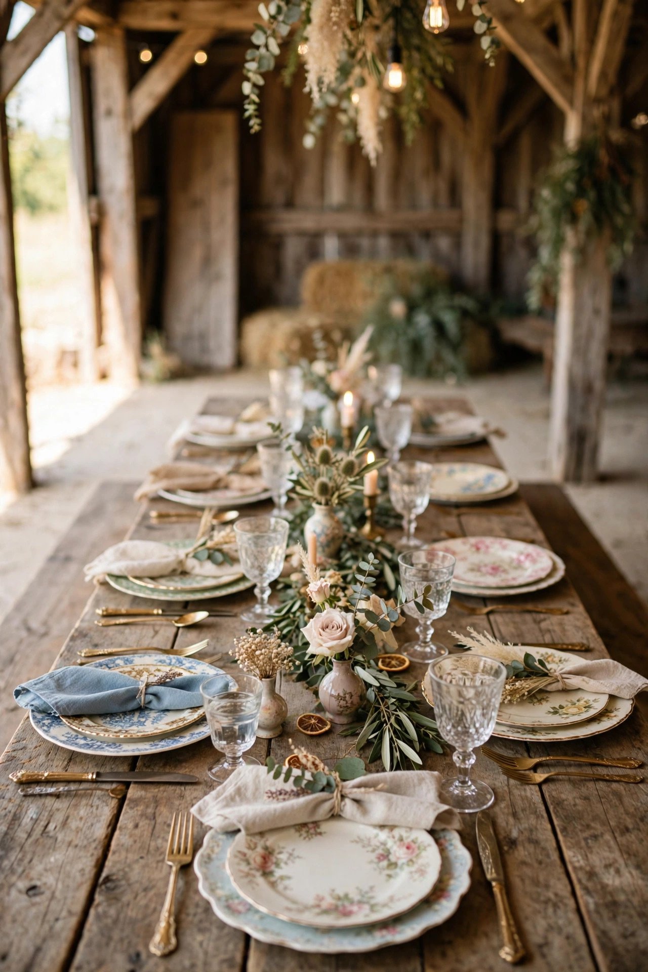 Vintage China at Every Place Setting — showing a barn wedding idea for a 2027 celebration