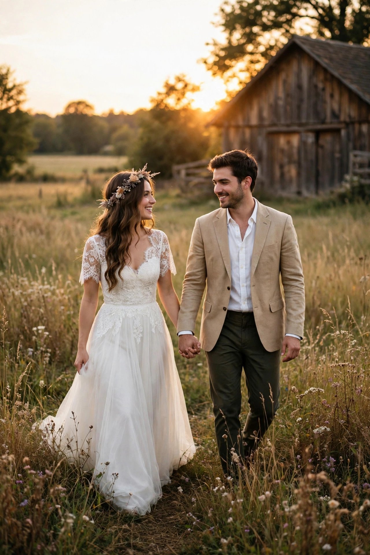 A Sunset Portrait Walk in the Fields — showing a barn wedding idea for a 2027 celebration