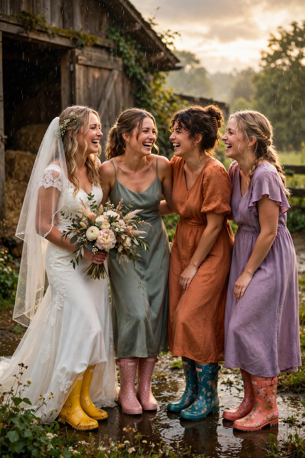 Rain-Boot Backup Plan as a Feature — showing a barn wedding idea for a 2027 celebration