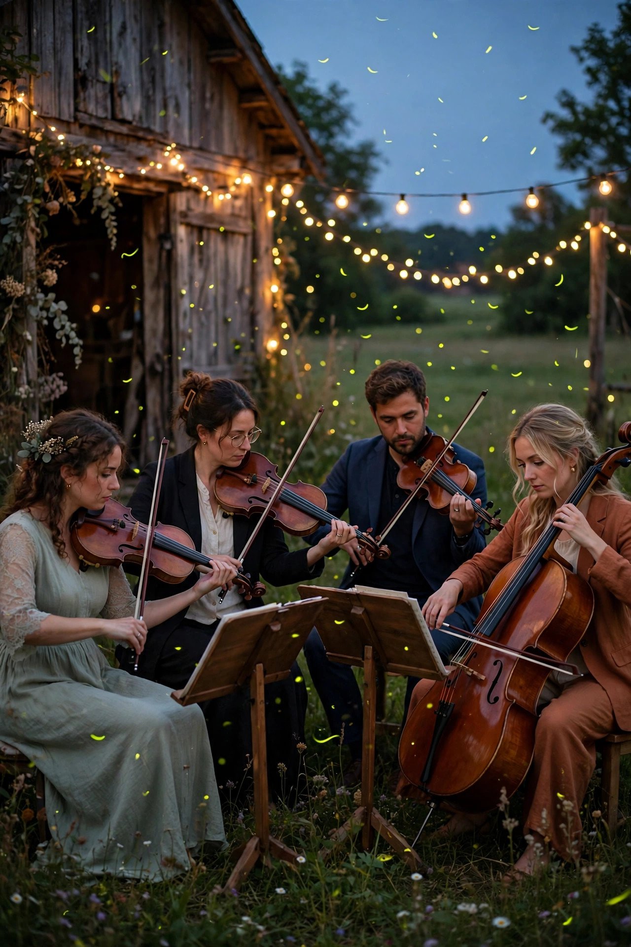 Firefly-Evening String Quartet Farewell — showing a barn wedding idea for a 2027 celebration
