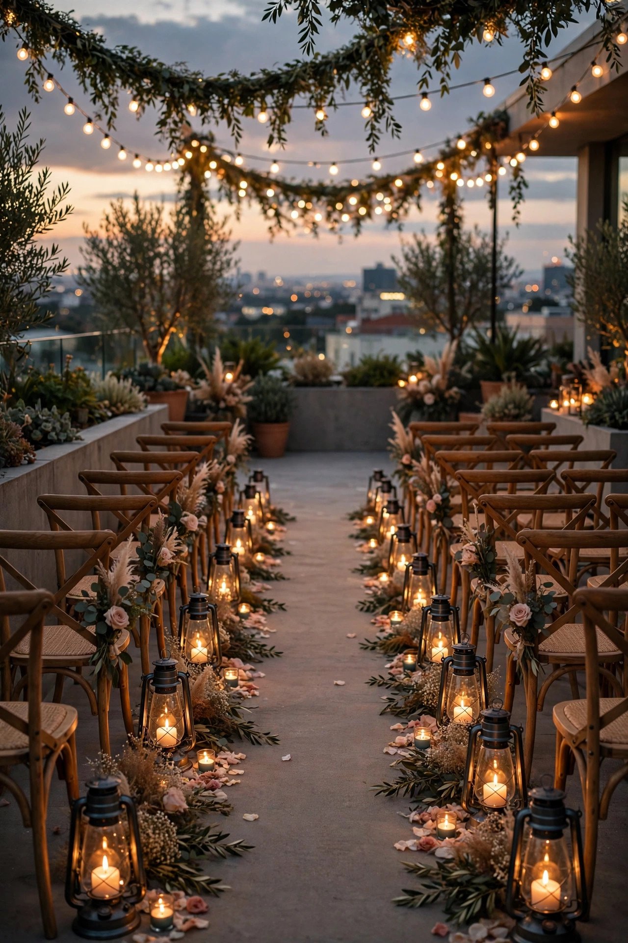 A Candlelit Aisle with Hurricane Lanterns — showing a rooftop wedding idea for a 2027 celebration