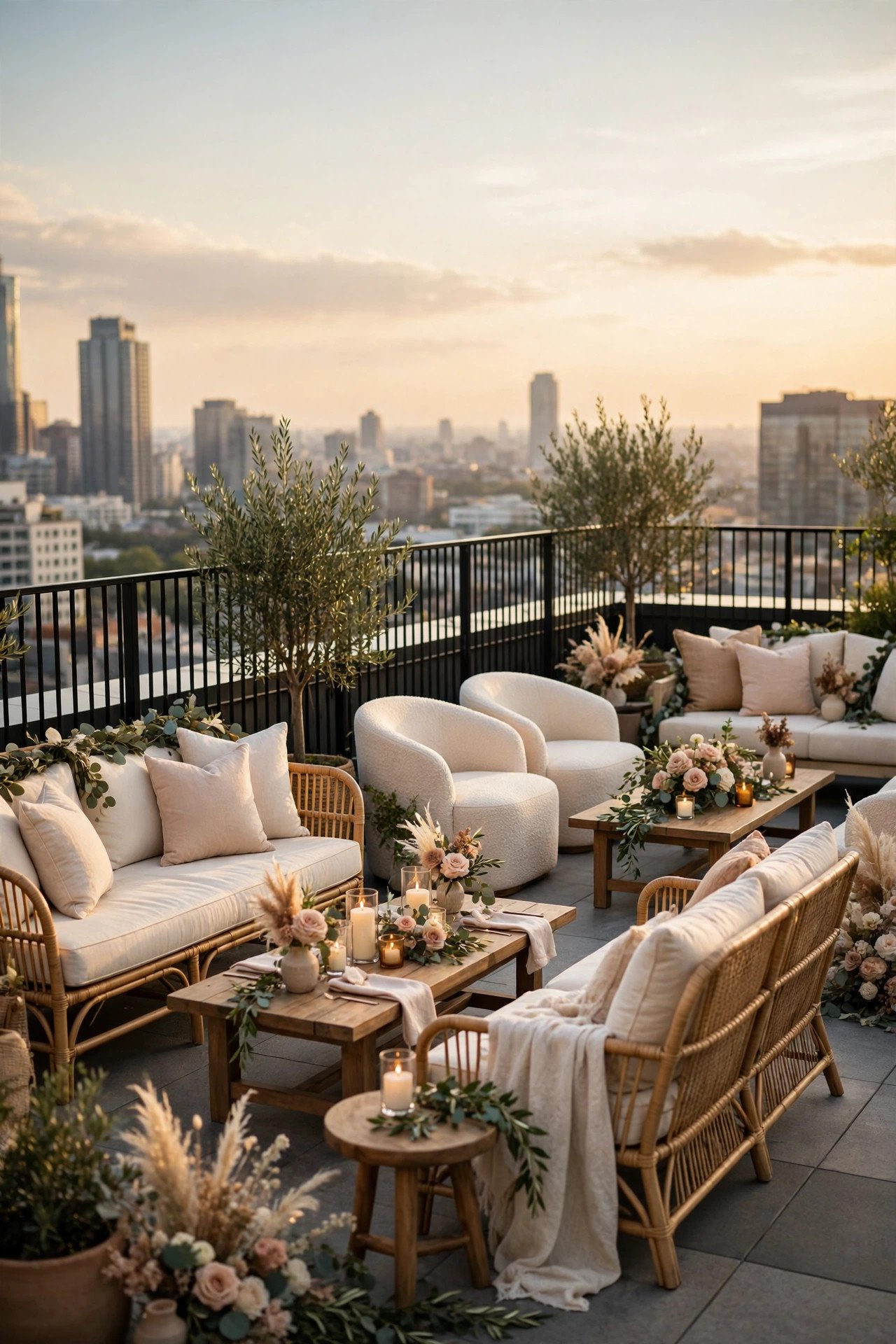 Lounge Furniture Groupings at the Railings — showing a rooftop wedding idea for a 2027 celebration