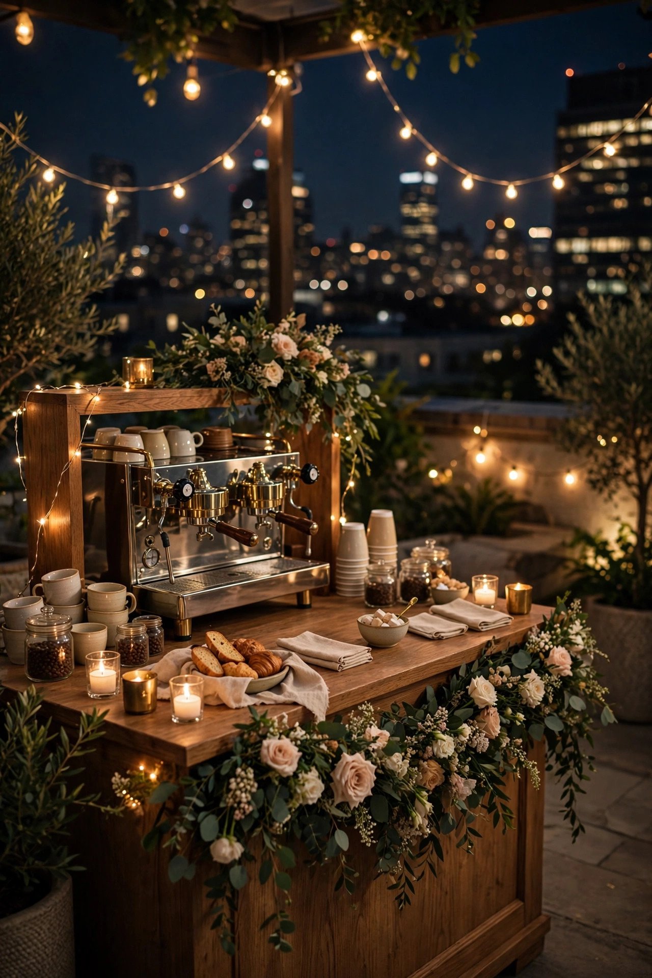 A Coffee Bar Under the City Lights — showing a rooftop wedding idea for a 2027 celebration