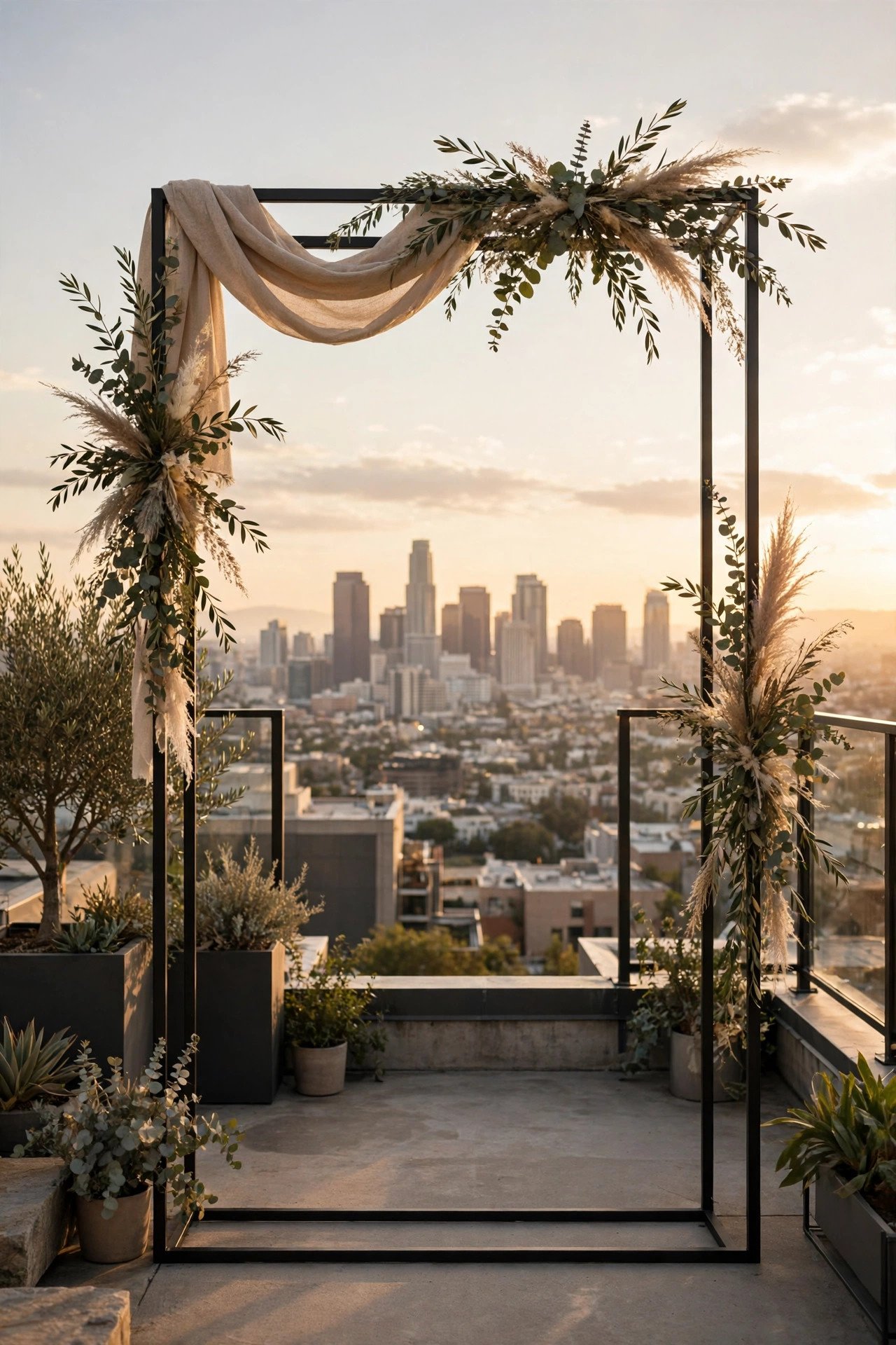 Minimalist Ceremony Arch Framing the View — showing a rooftop wedding idea for a 2027 celebration