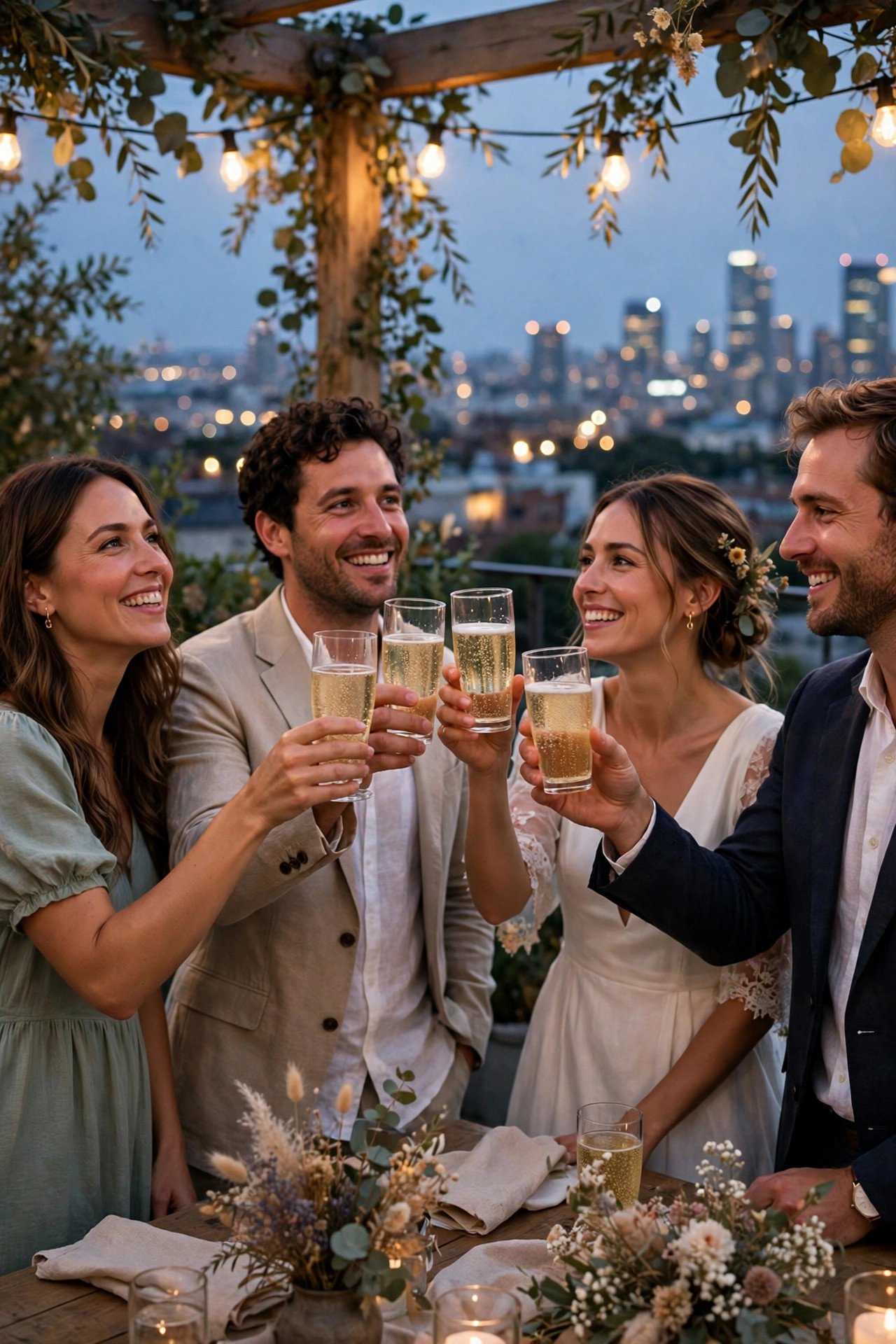 A Sparkling Cider Toast as the City Lights Up — showing a rooftop wedding idea for a 2027 celebration