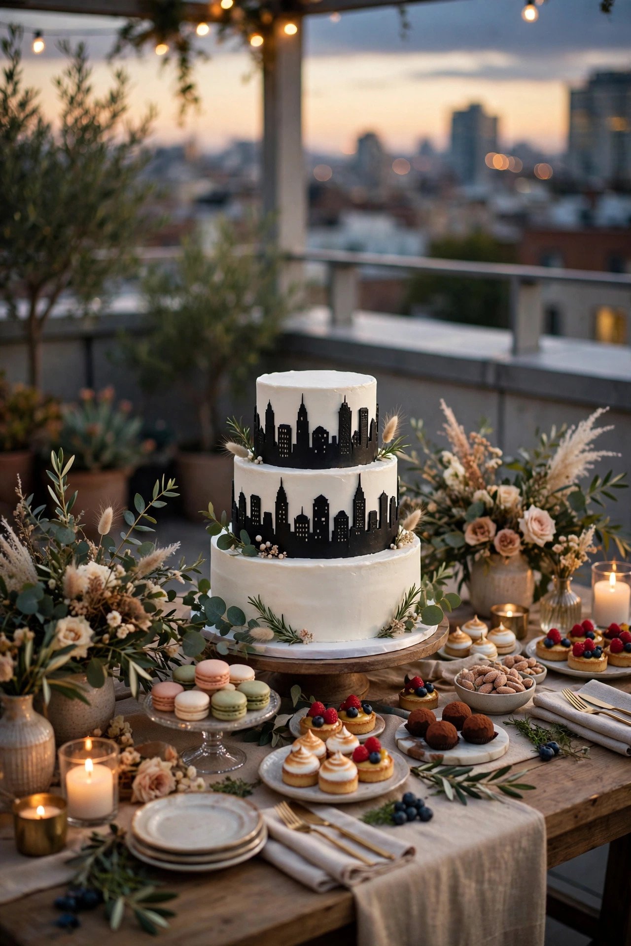 A Dessert Bar with a Skyline Cake — showing a rooftop wedding idea for a 2027 celebration
