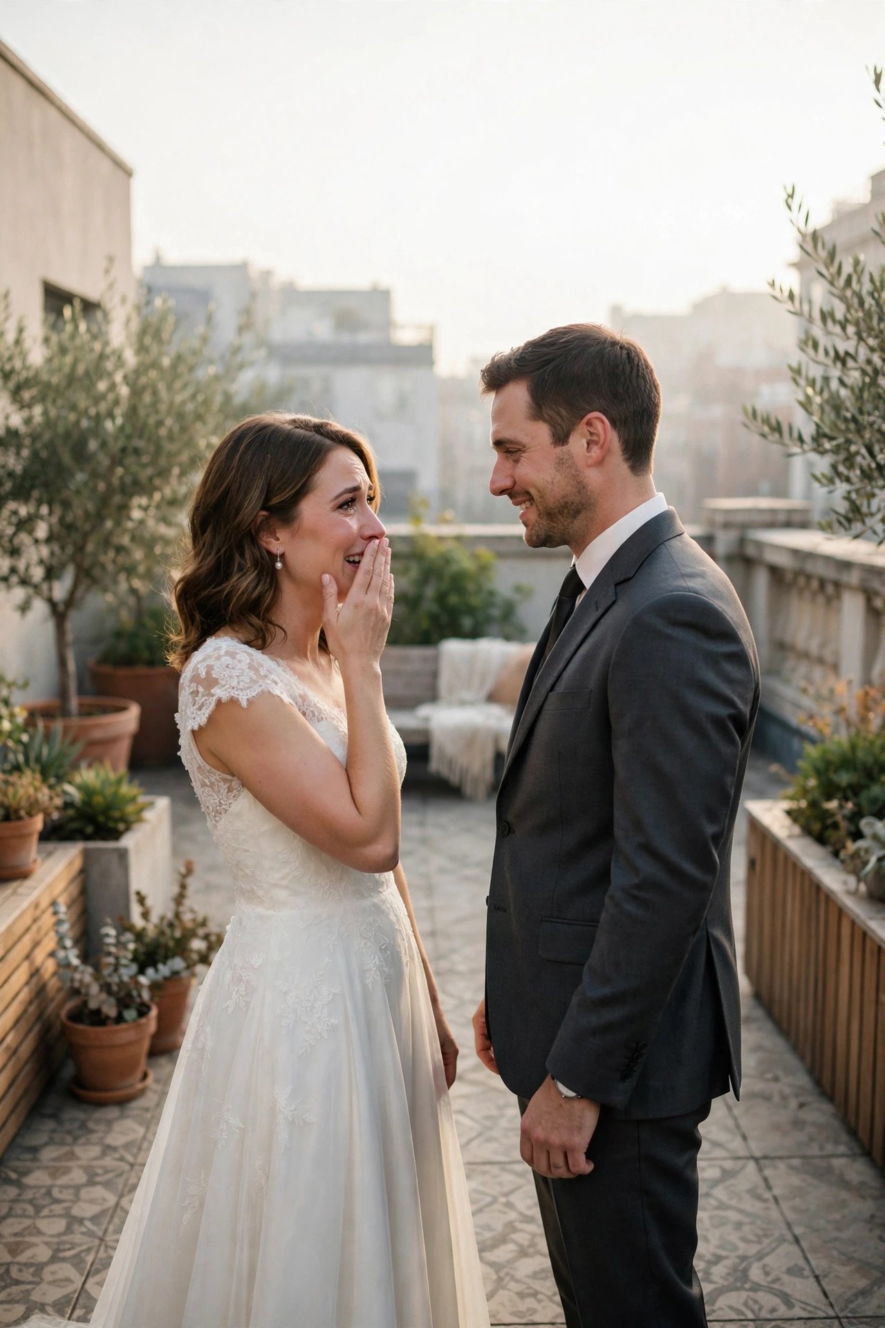 A First Look on the Roof Before Guests Arrive — showing a rooftop wedding idea for a 2027 celebration