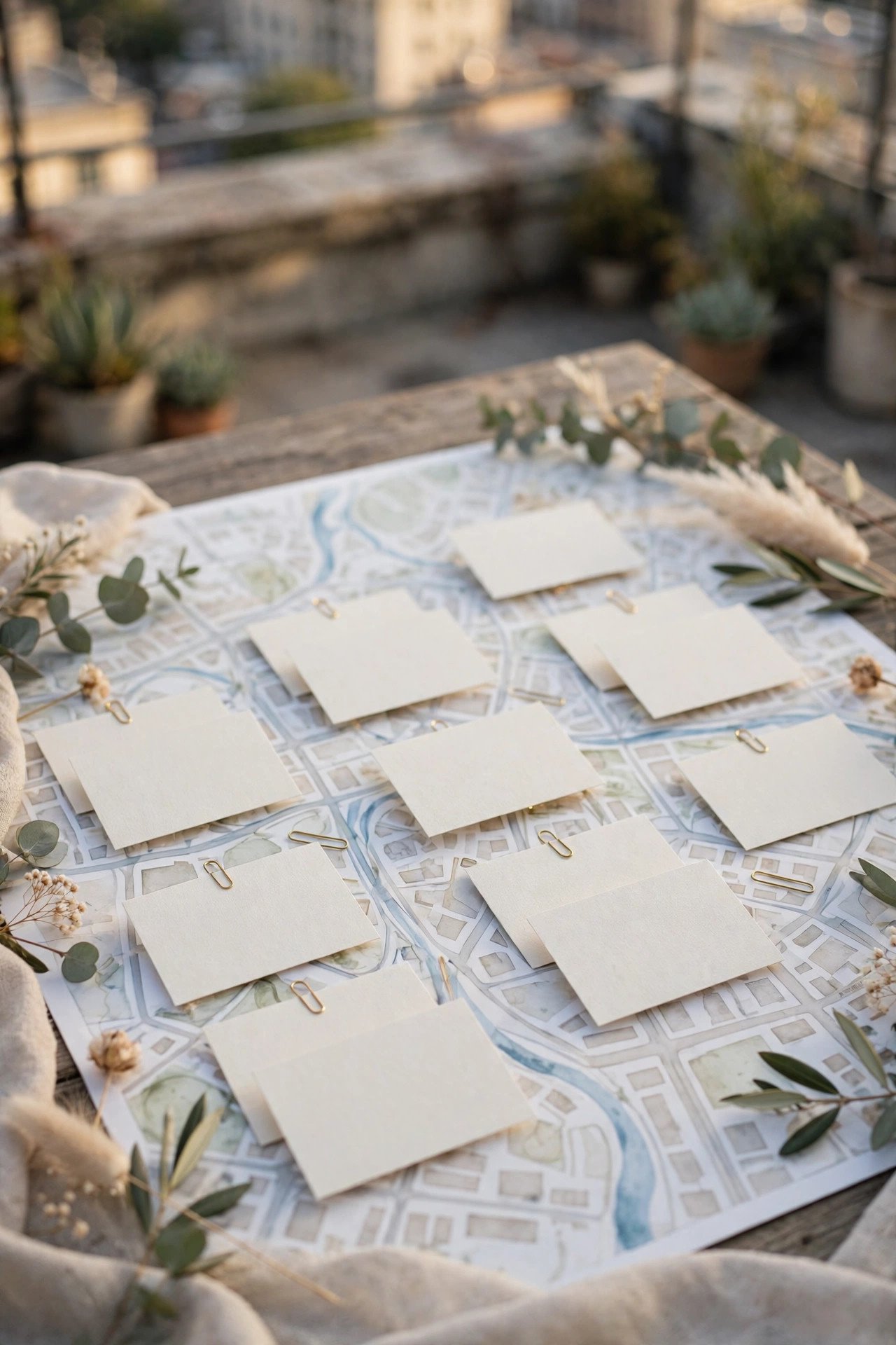 Escort Cards Displayed on a City Map — showing a rooftop wedding idea for a 2027 celebration