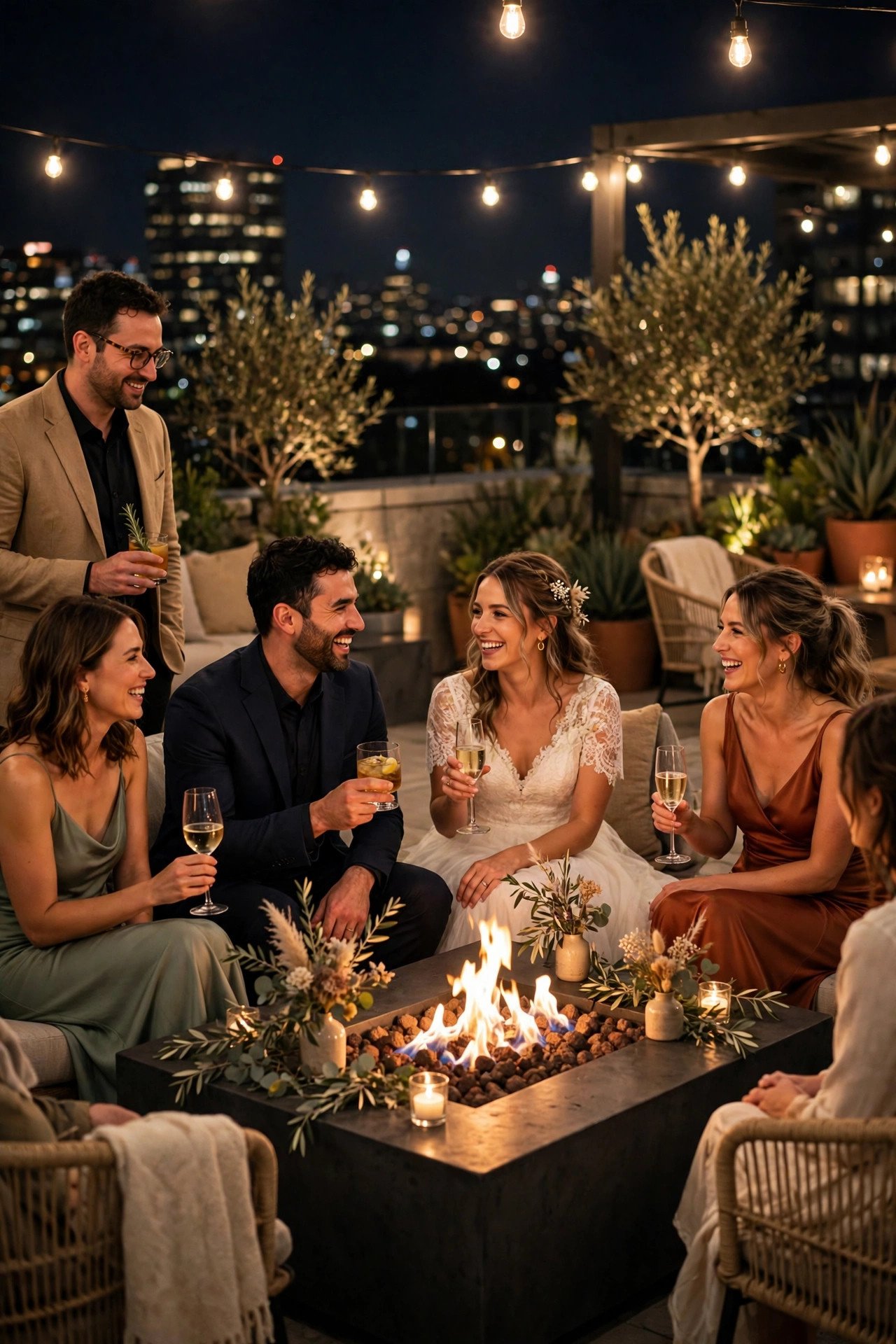 Fire Table Gathering Points — showing a rooftop wedding idea for a 2027 celebration