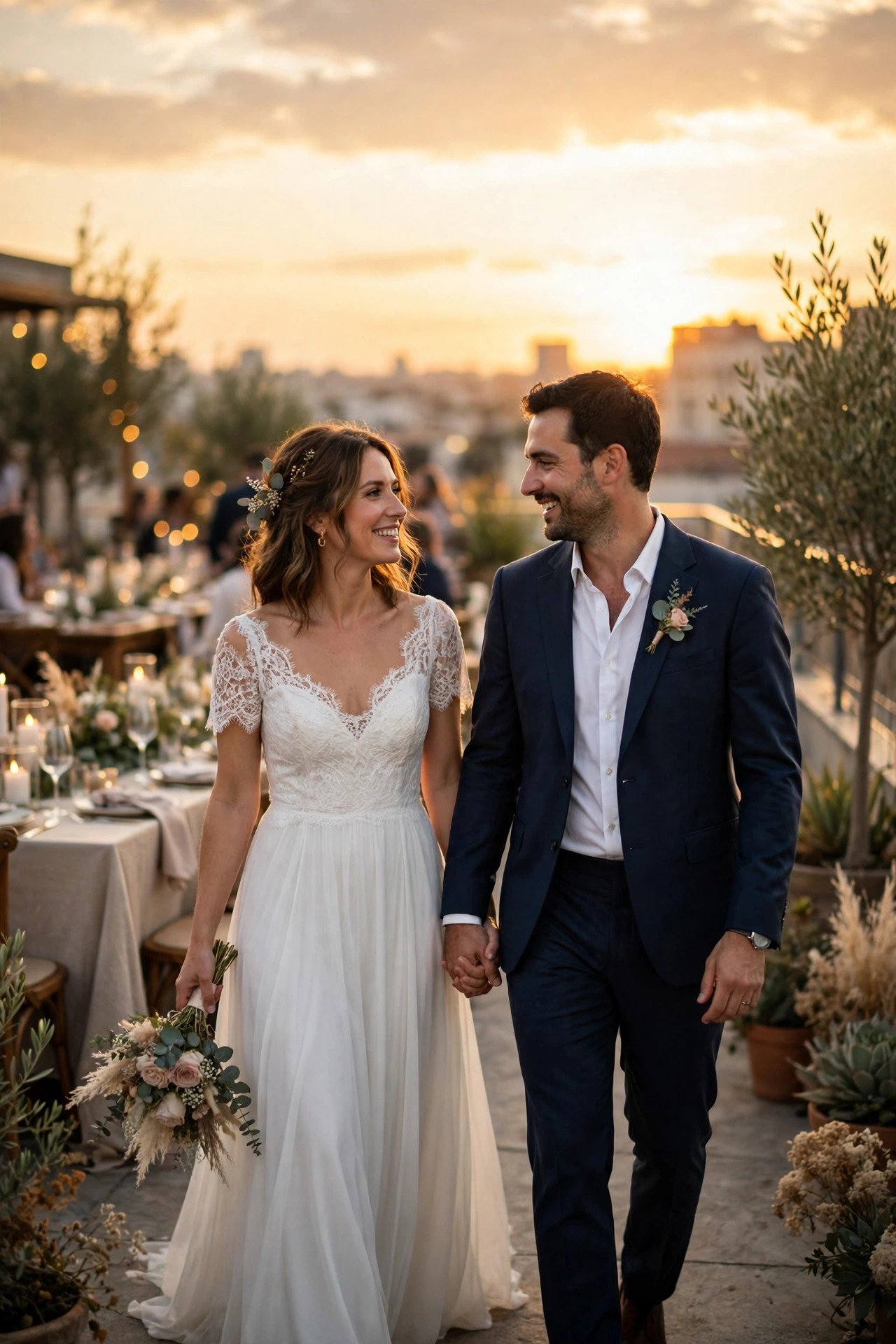Sunset Portrait Break During Dinner — showing a rooftop wedding idea for a 2027 celebration