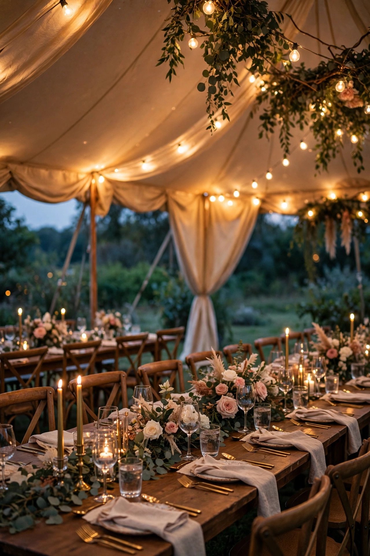 An elegant tented reception at dusk with warm light glowing through the canvas