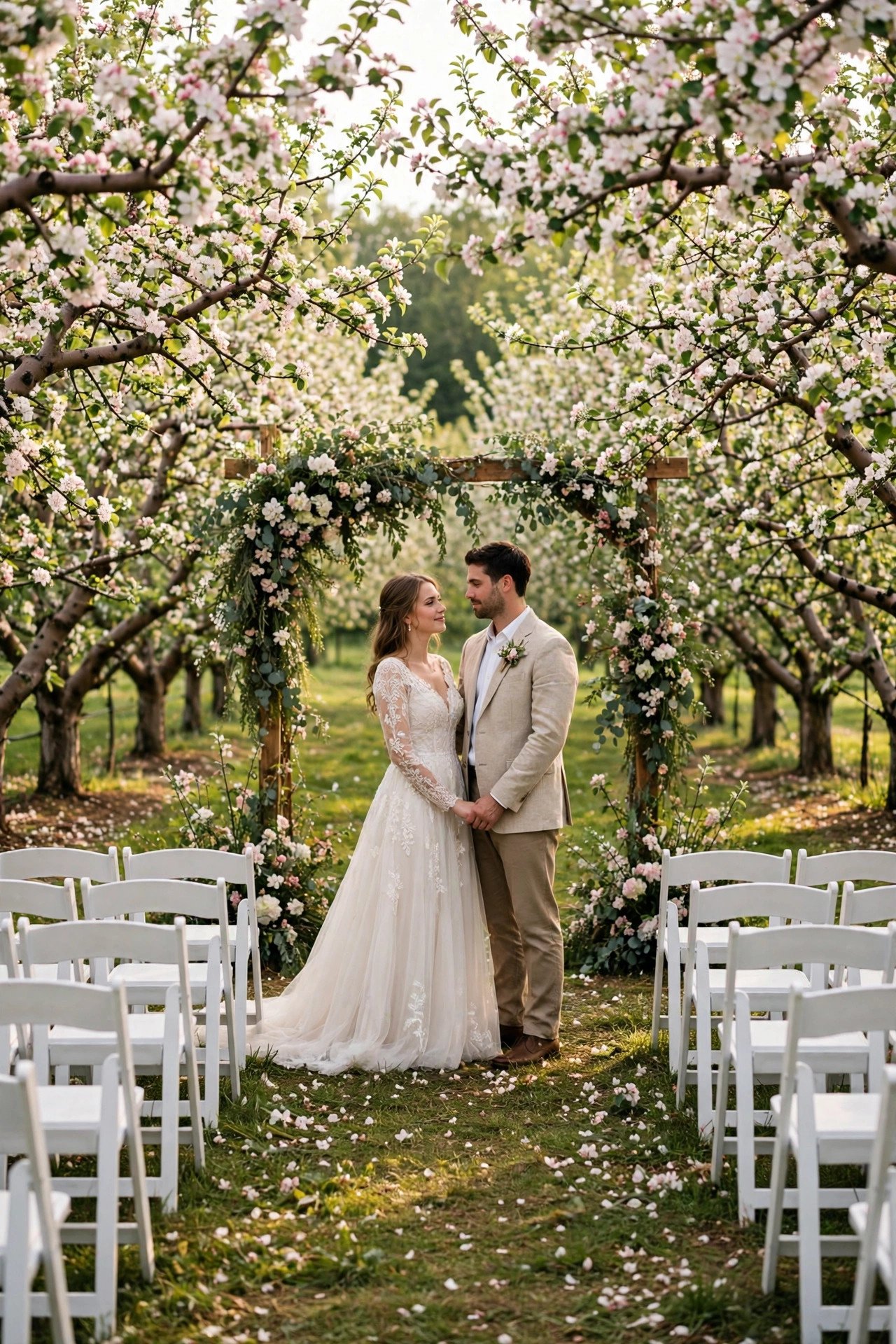 Orchard wedding venue: An Apple Blossom Ceremony in White Rows