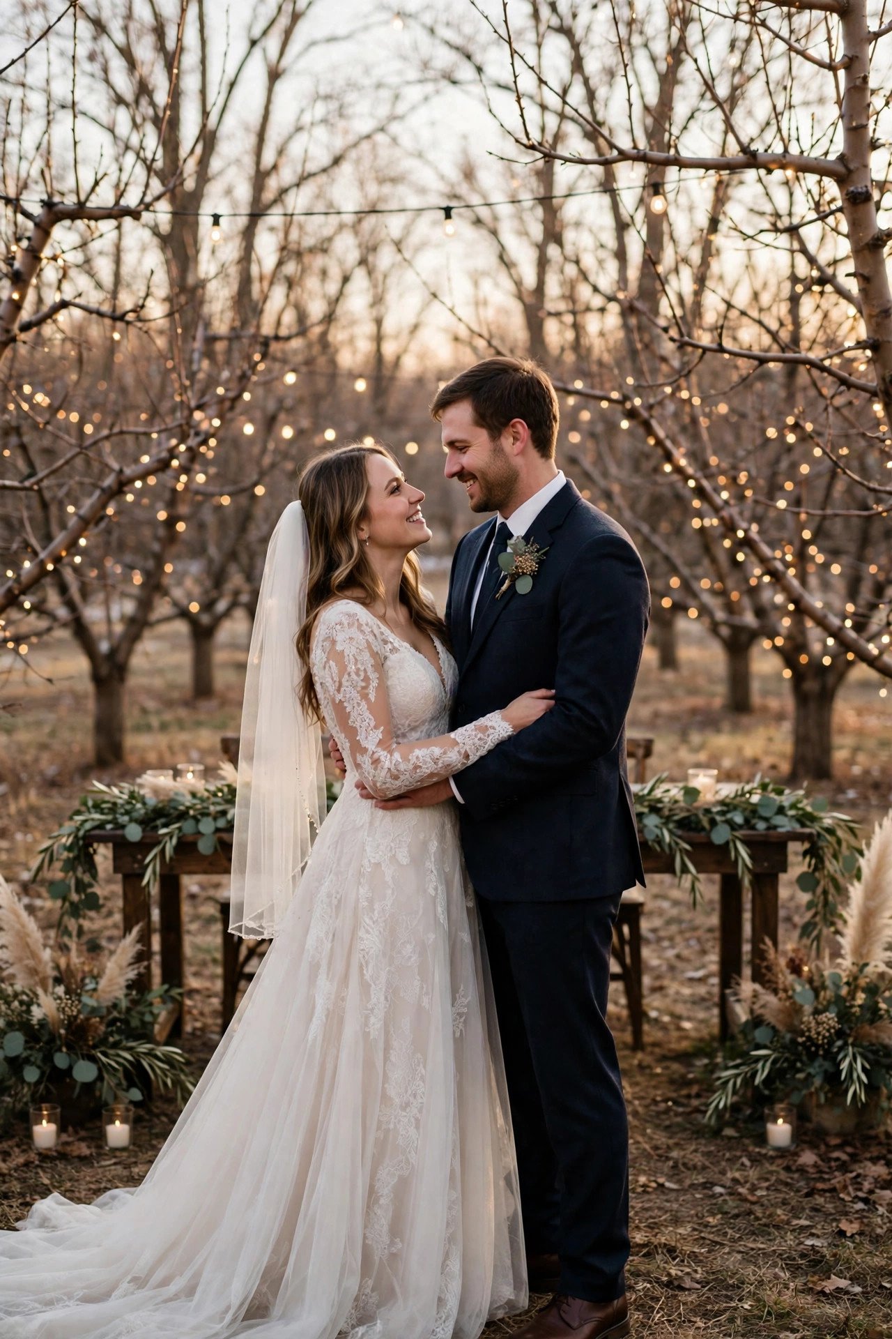 Orchard wedding venue: A Winter Orchard Wedding with Bare Branches and Lights