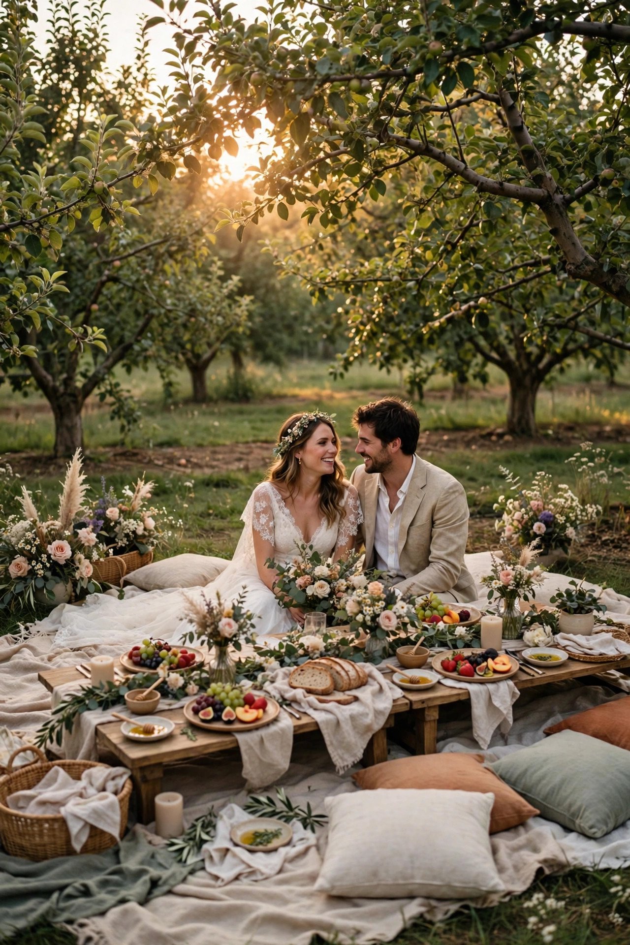 Orchard wedding venue: An Orchard Picnic Wedding on Blankets and Low Tables