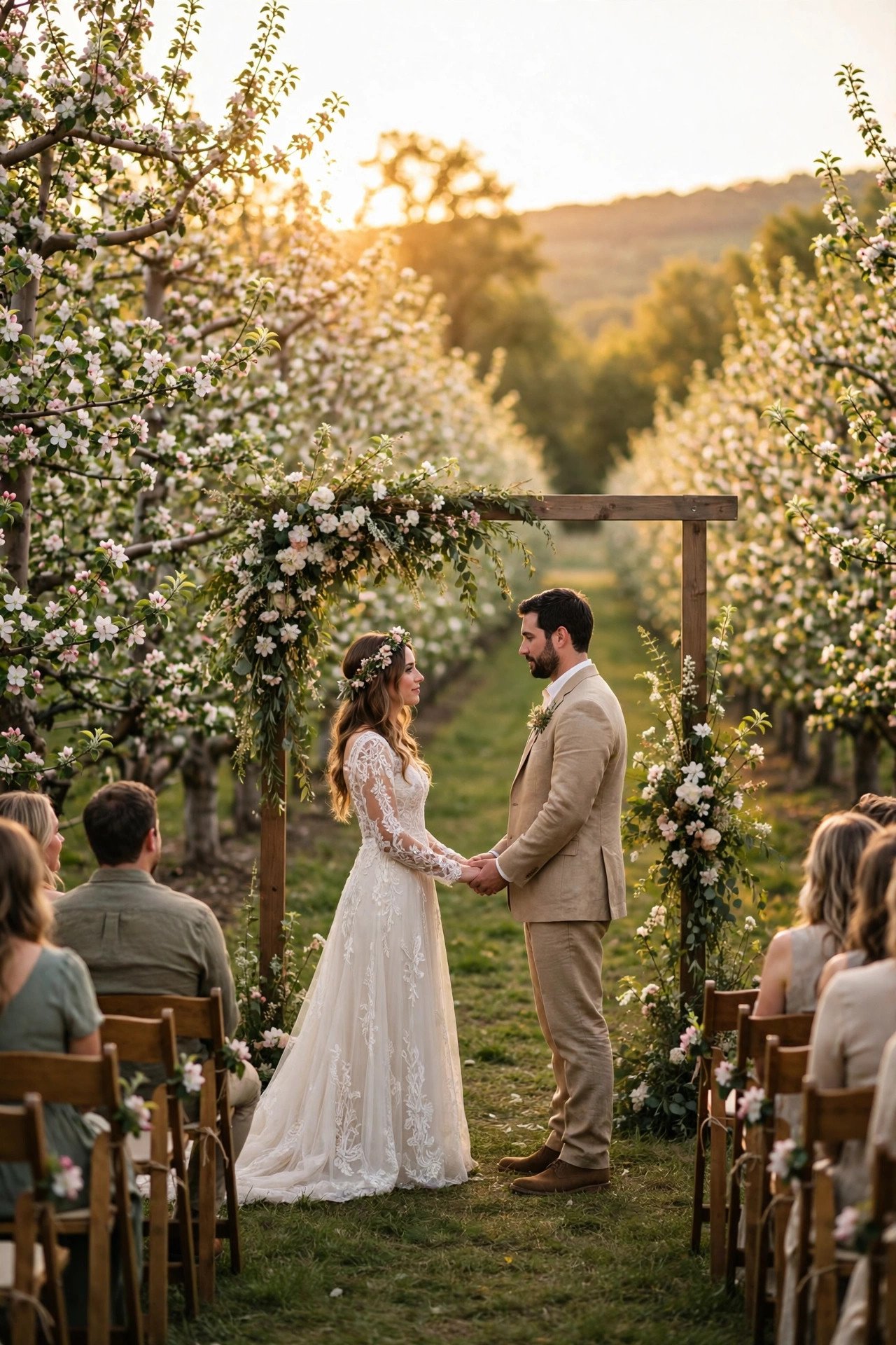 Wedding ceremony between rows of blossoming apple trees in an orchard at golden hour