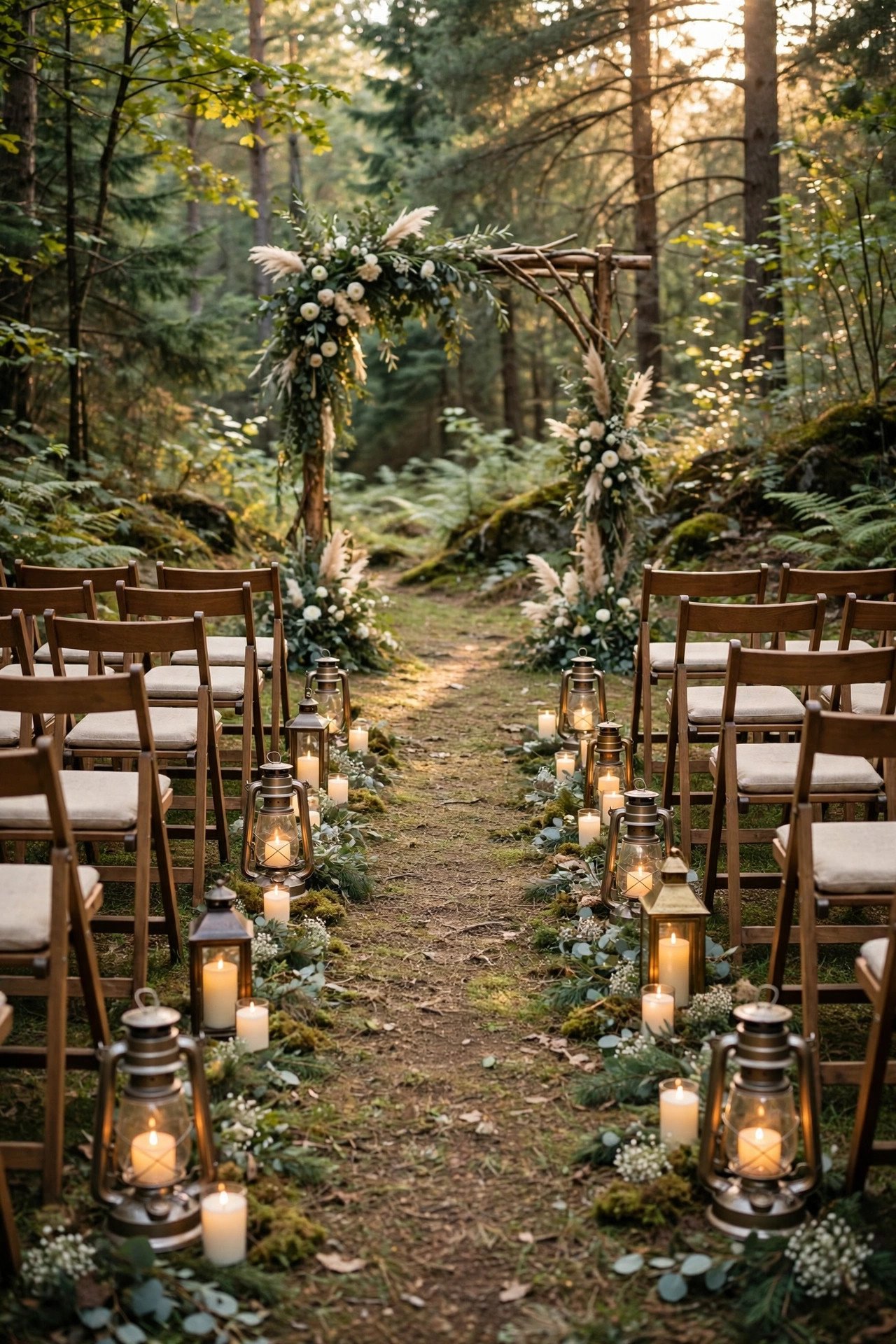 Woodland ceremony idea: Lanterns and Flameless Candles Along the Aisle