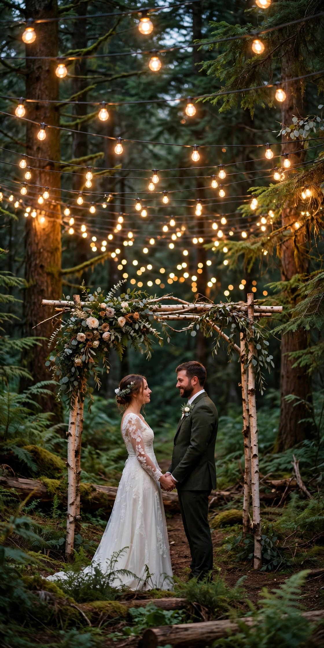 Woodland ceremony idea: A Canopy of String Lights for an Evening Ceremony