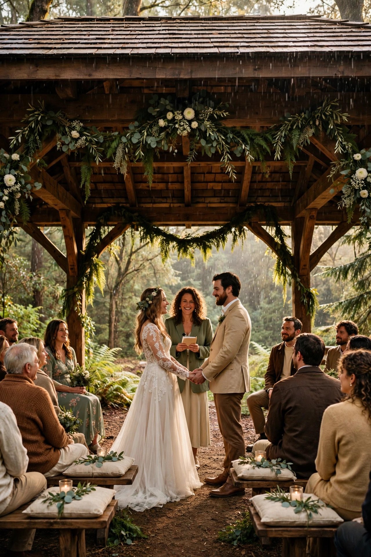 Woodland ceremony idea: A Covered Woodland Pavilion Ceremony as Rain Insurance