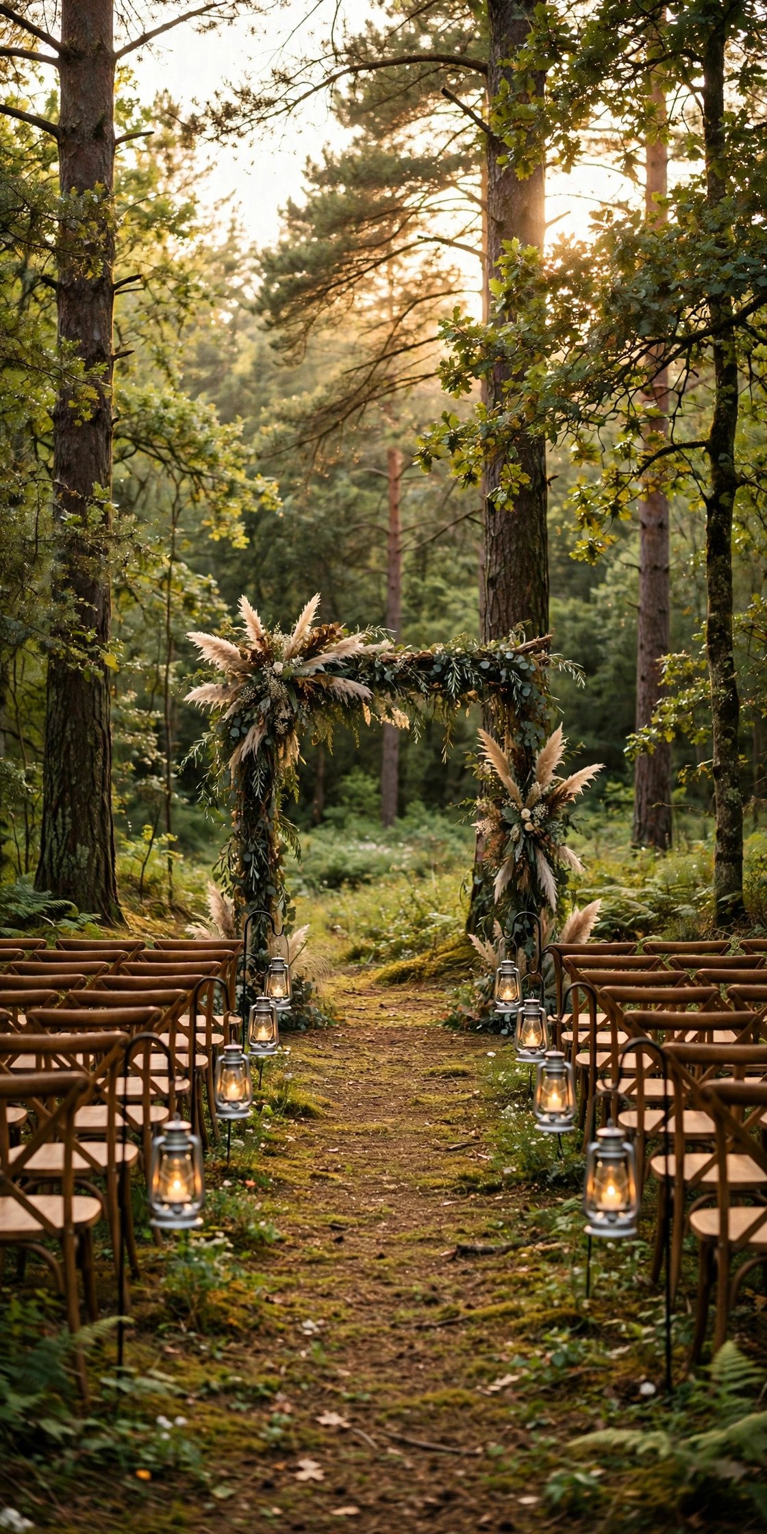 Woodland wedding ceremony with chairs among tall trees and lanterns along the aisle