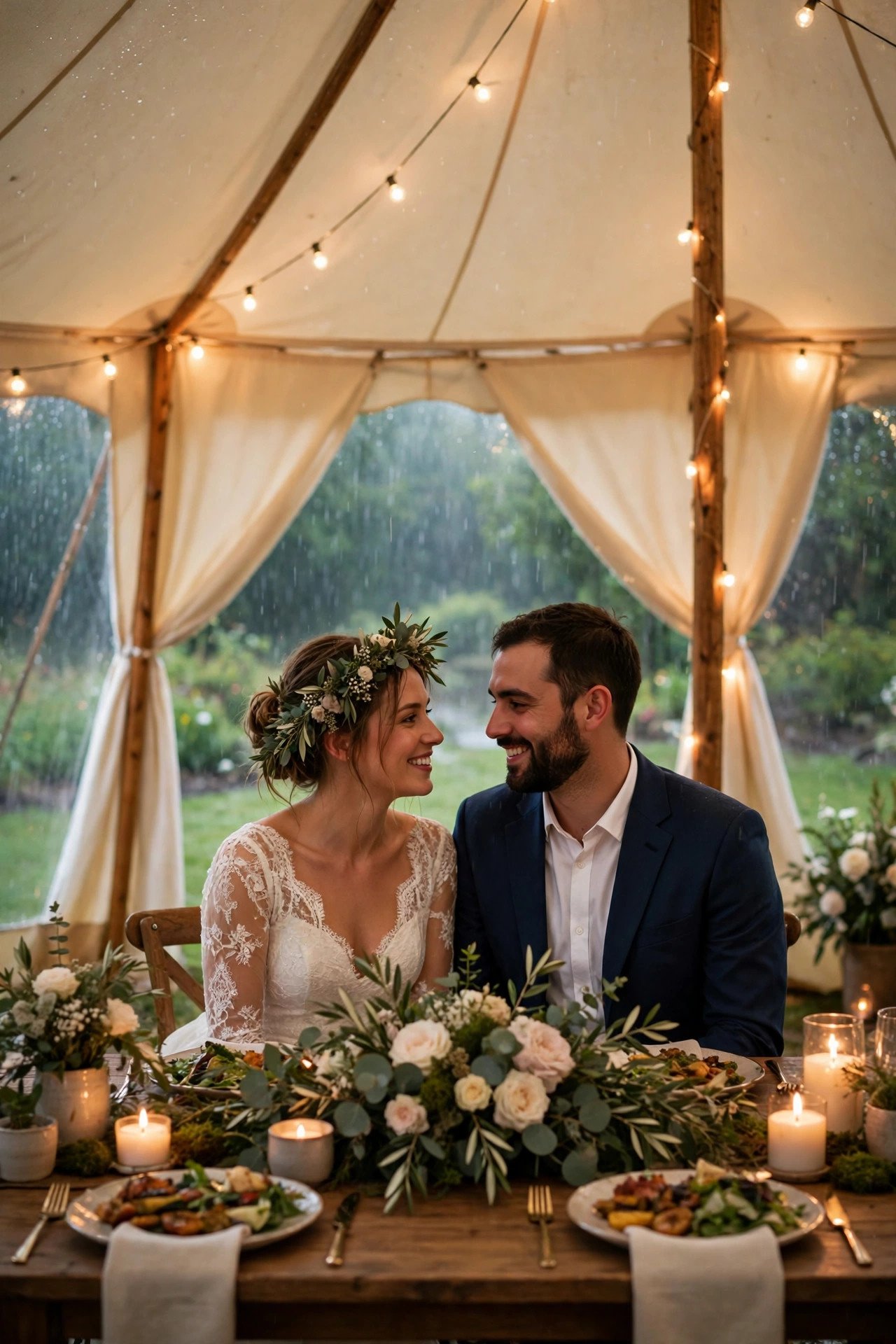 Use a Sailcloth Tent for Soft, Warm Light — a wedding venue prepared for rainy weather