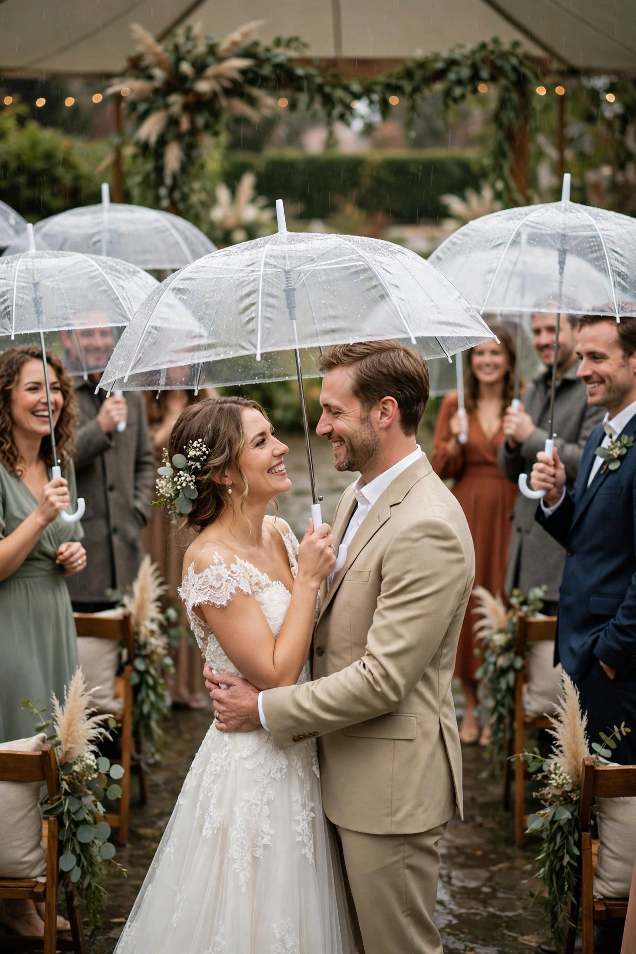 Rent Clear Umbrellas in Bulk — a wedding venue prepared for rainy weather