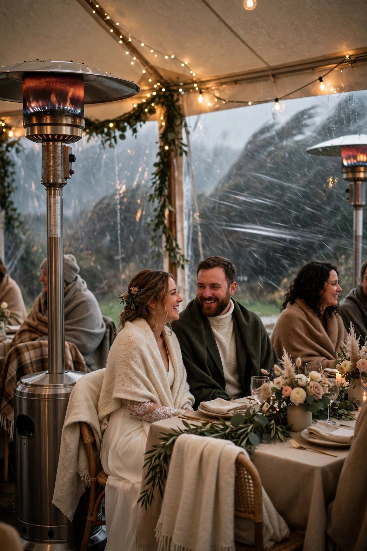 Add Tent Heaters or Cooling for Sideways Weather — a wedding venue prepared for rainy weather