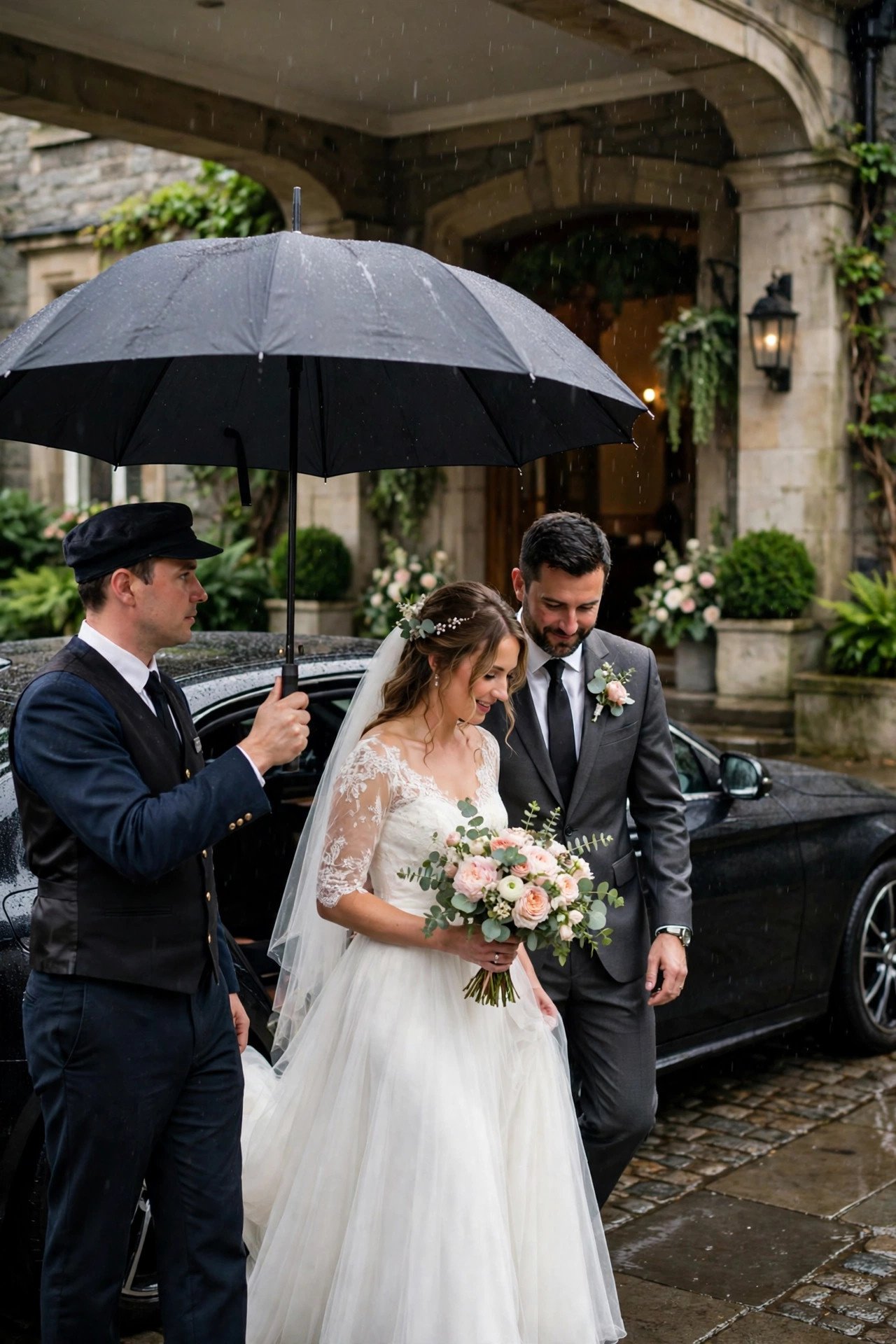 Arrange Covered Transport and Valet Umbrellas — a wedding venue prepared for rainy weather