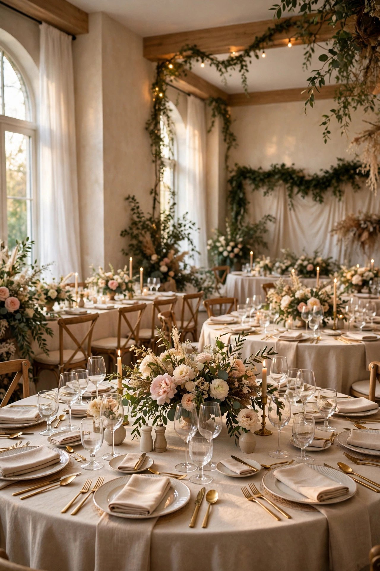 Elegant all-inclusive wedding venue reception room fully set with linens, florals and place settings