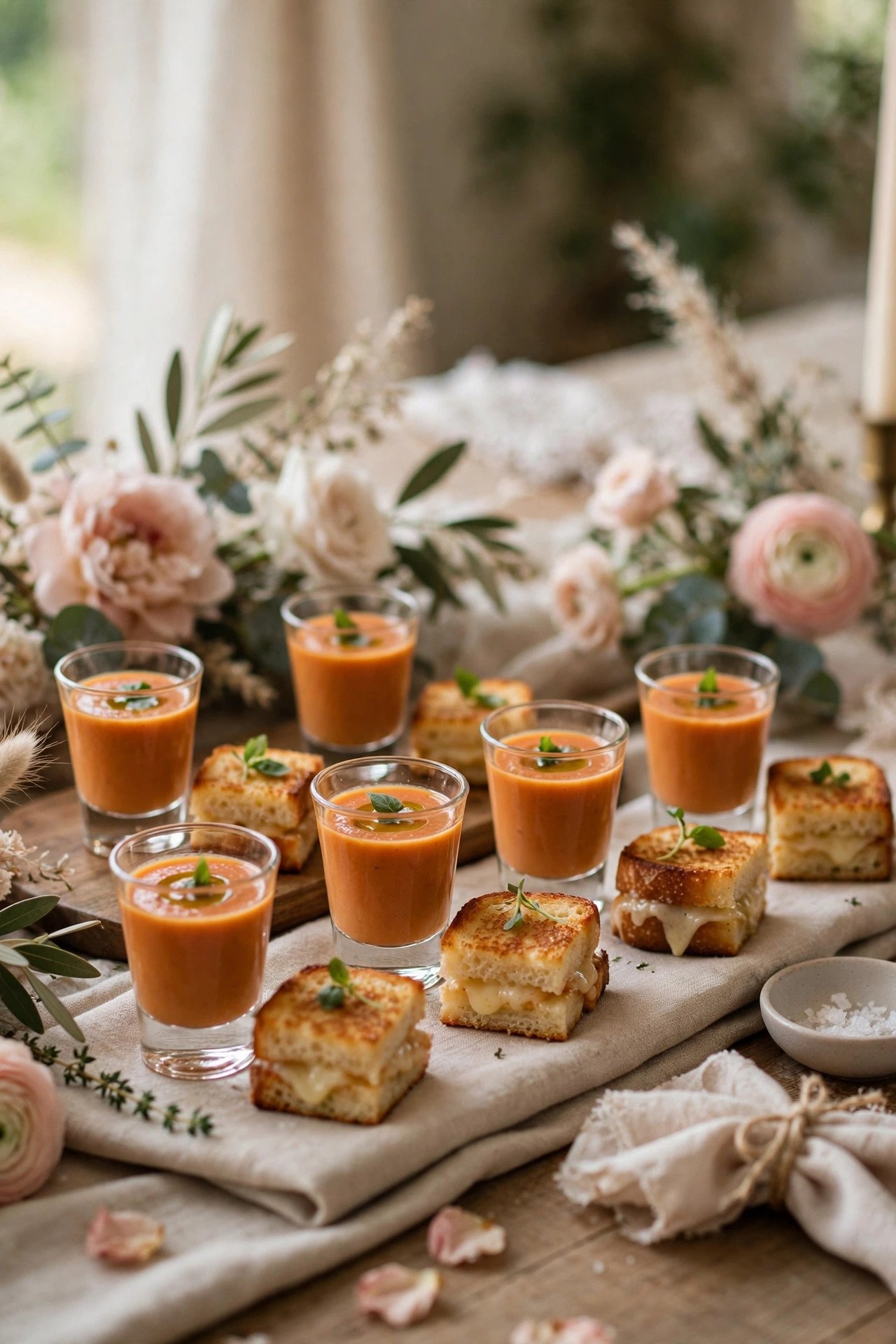 Mini Grilled Cheese With Tomato Soup Shots — cocktail hour food served at a wedding