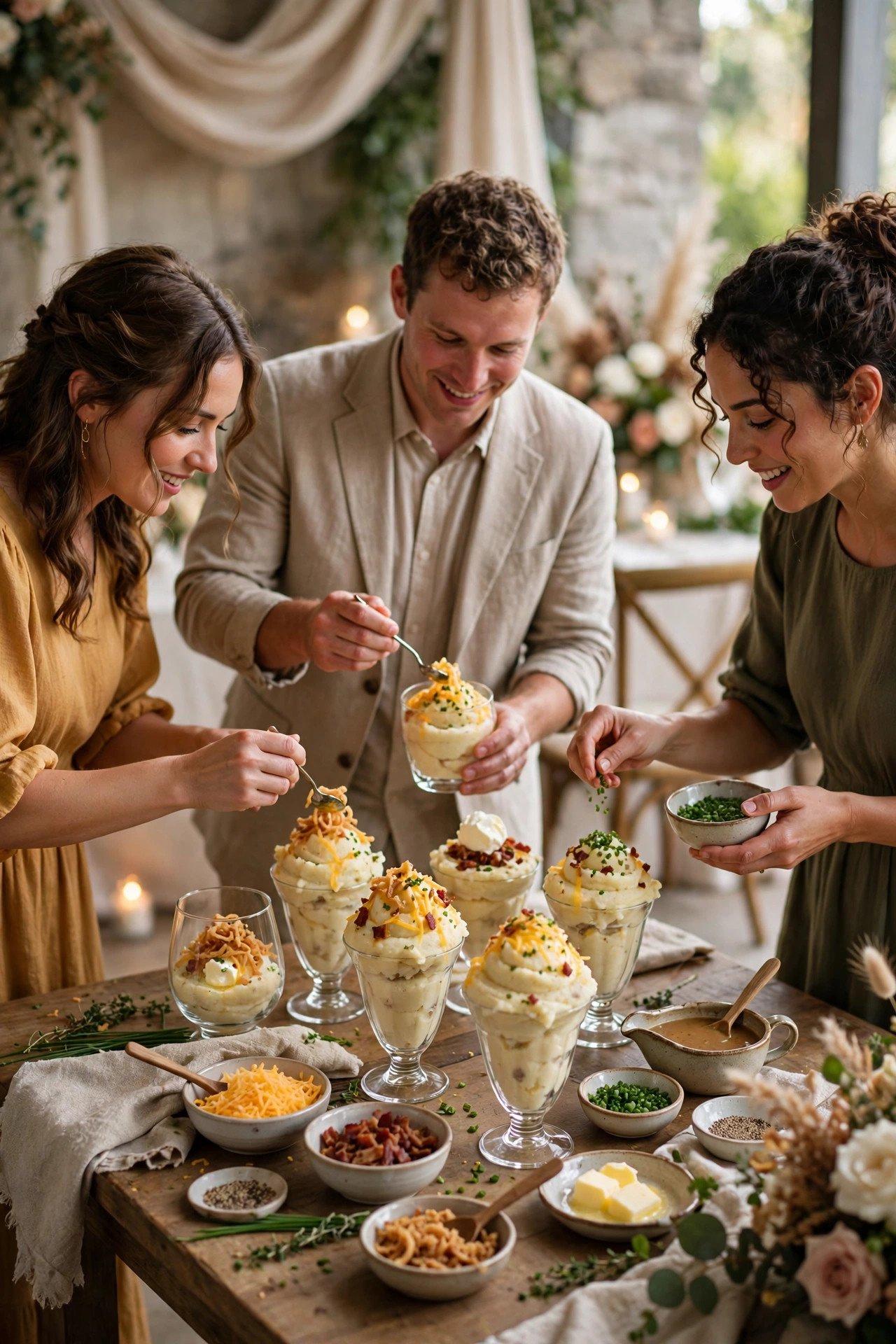 A Sundae-Style Mashed Potato or Soup Bar Finish — cocktail hour food served at a wedding